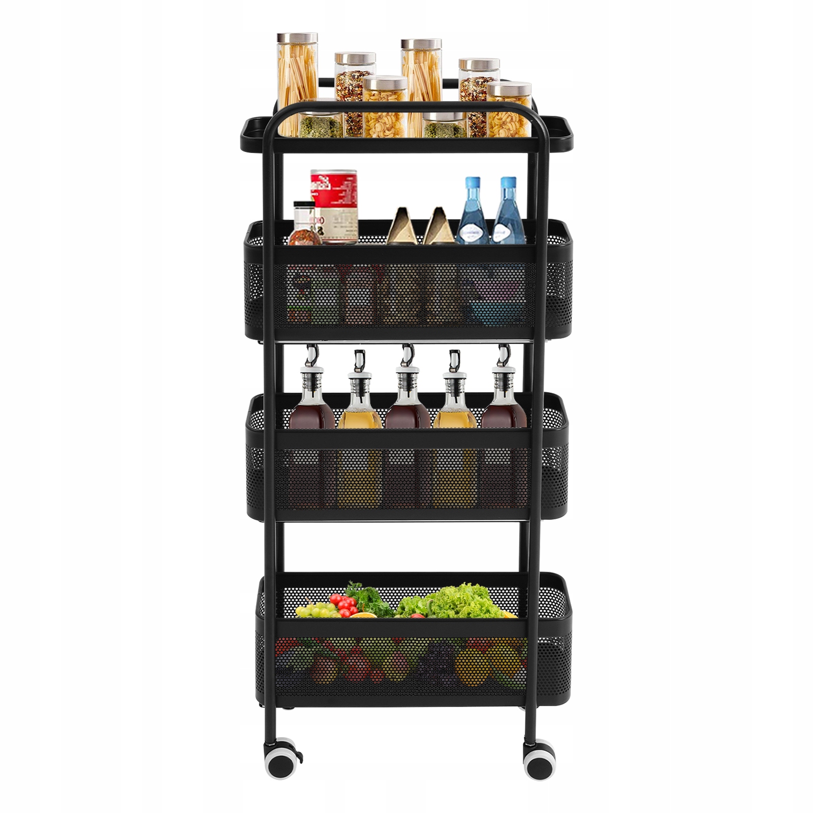 Wąskie metalowe wózki kuchenne, 4poziomowy wózek rolowany, 89.5 cm czarny wózek do przechowywania