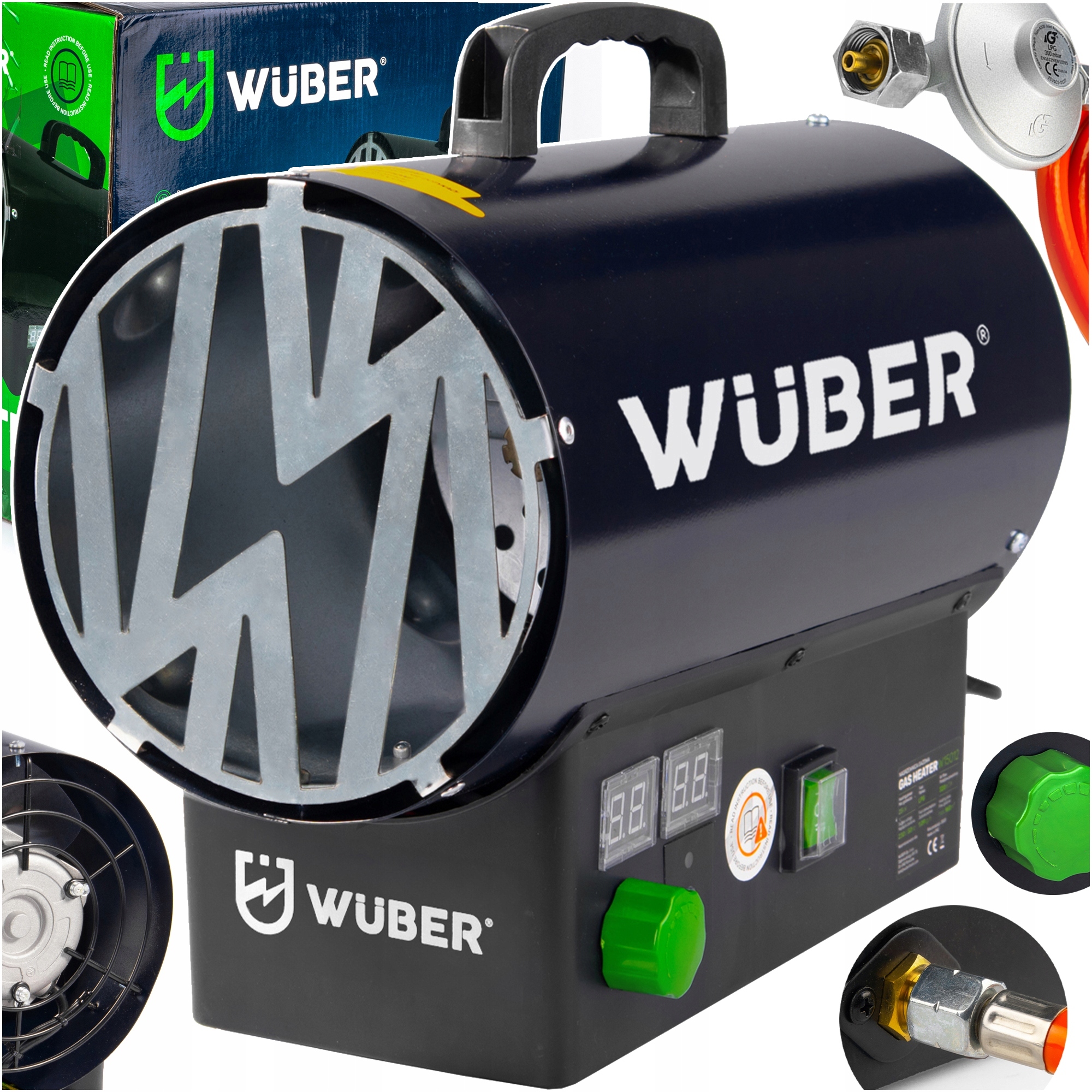 NAGRZEWNICA GAZOWA Z REGULACJĄ TERMOSTATEM LCD MOCNA 25KW + WĄŻ + REDUKTOR