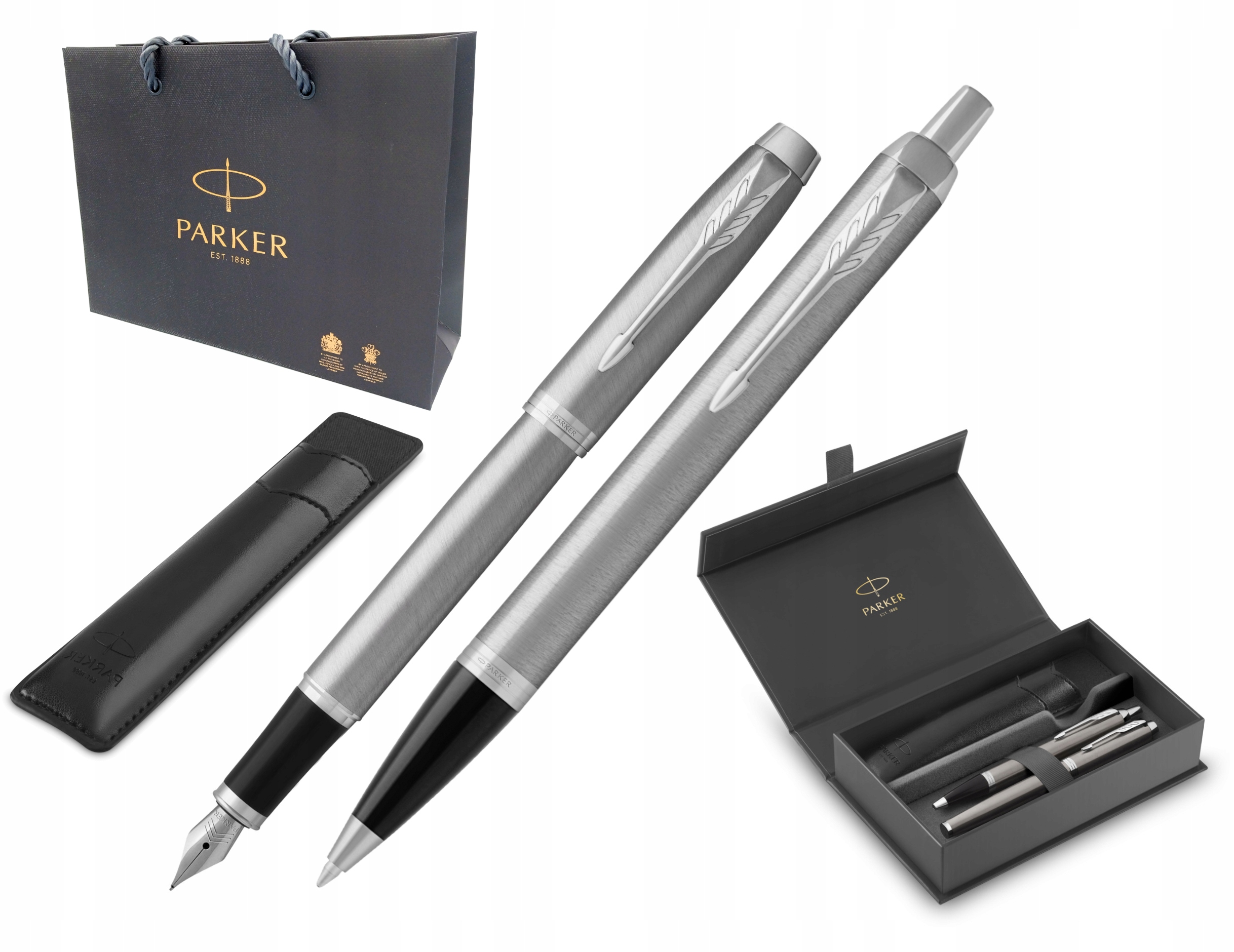 Zestaw Długopis Pióro Parker IM Srebrny Ct w Pudełku z Etui i Torebką