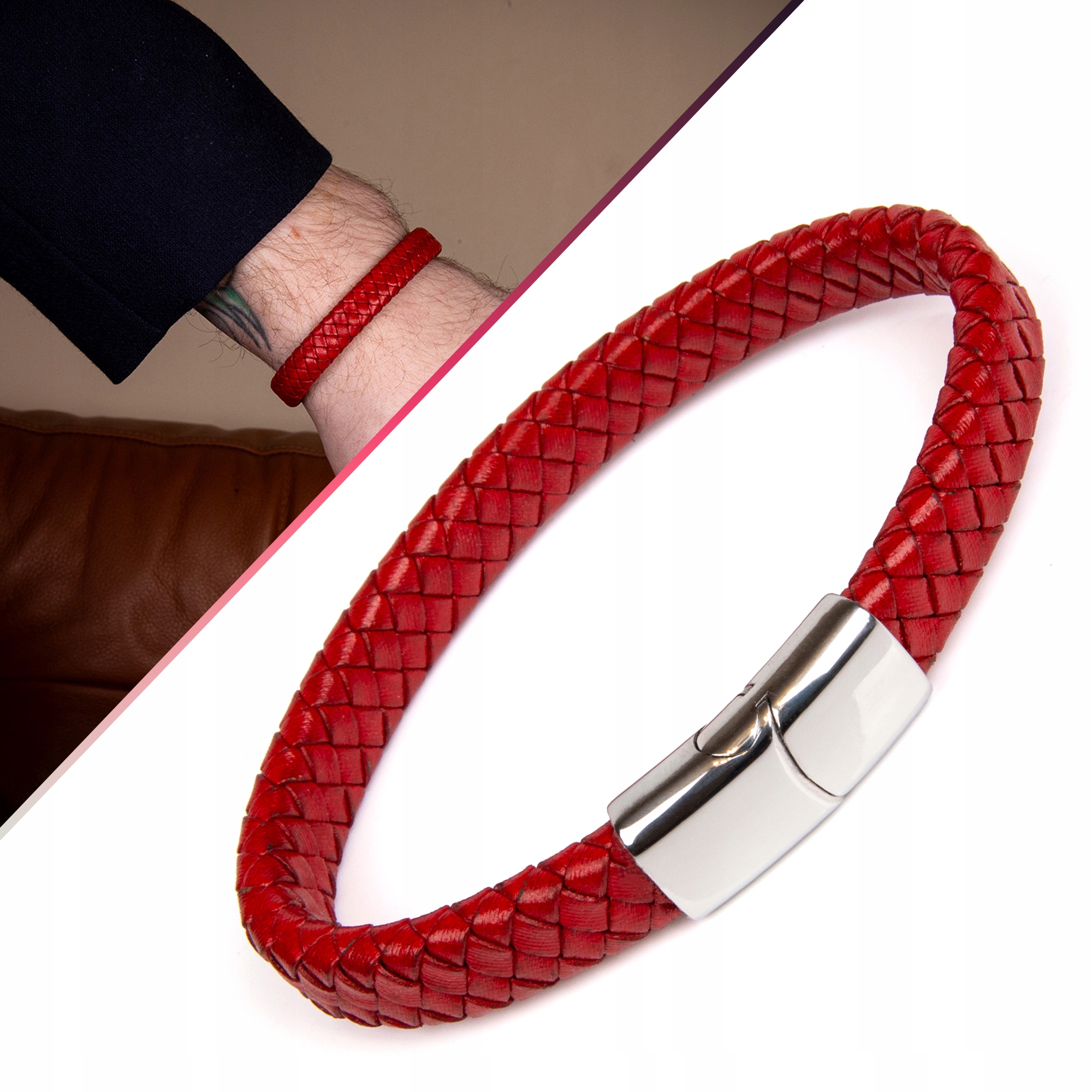 Kožený náramek 10 mm 24,5 cm, červený