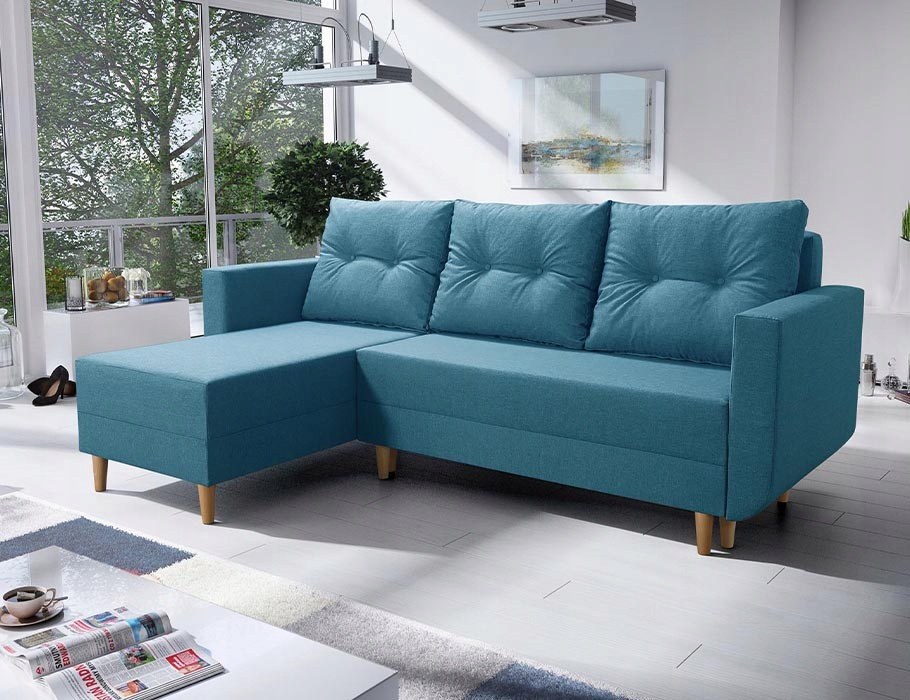 Rohová Sedací Souprava Baldur s funkcí spaní a pružinami Bonell v tyrkysové barvě