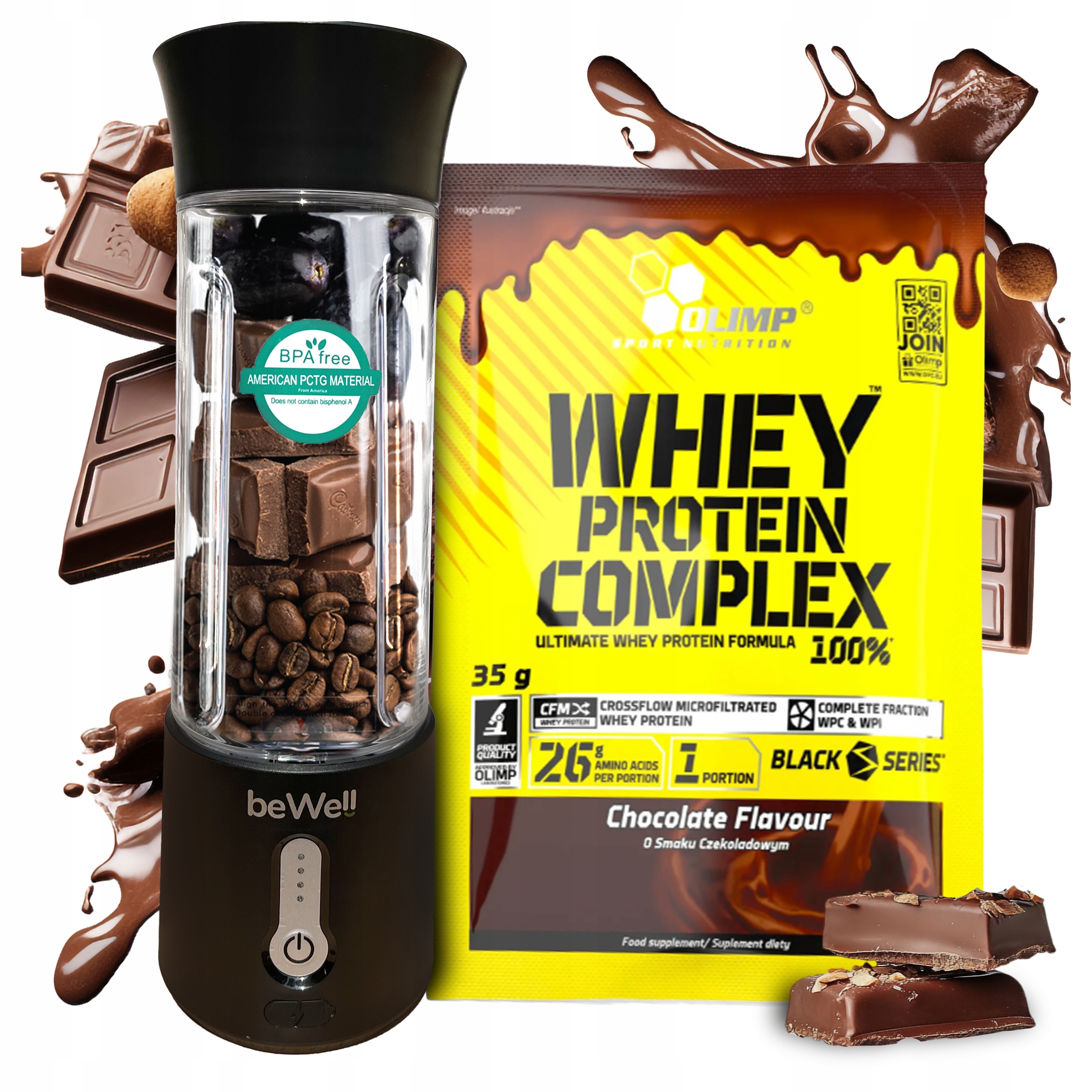 Blender Kielichowy Przenośny Bezprzewodowy beWell na Usb Białko Olimp Wpc