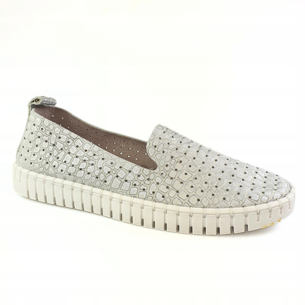 NESSI 18390 miękkie mokasyny slip on srebrne ze wzorem skóra rozmiar 39