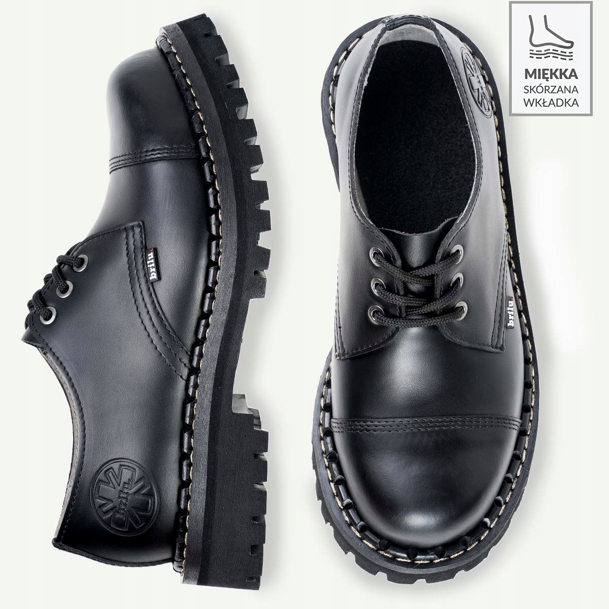 GLANY BRILU STEEL-NOSE 3-oczka NISKIE SKÓRA 36-47 Rozmiar 37