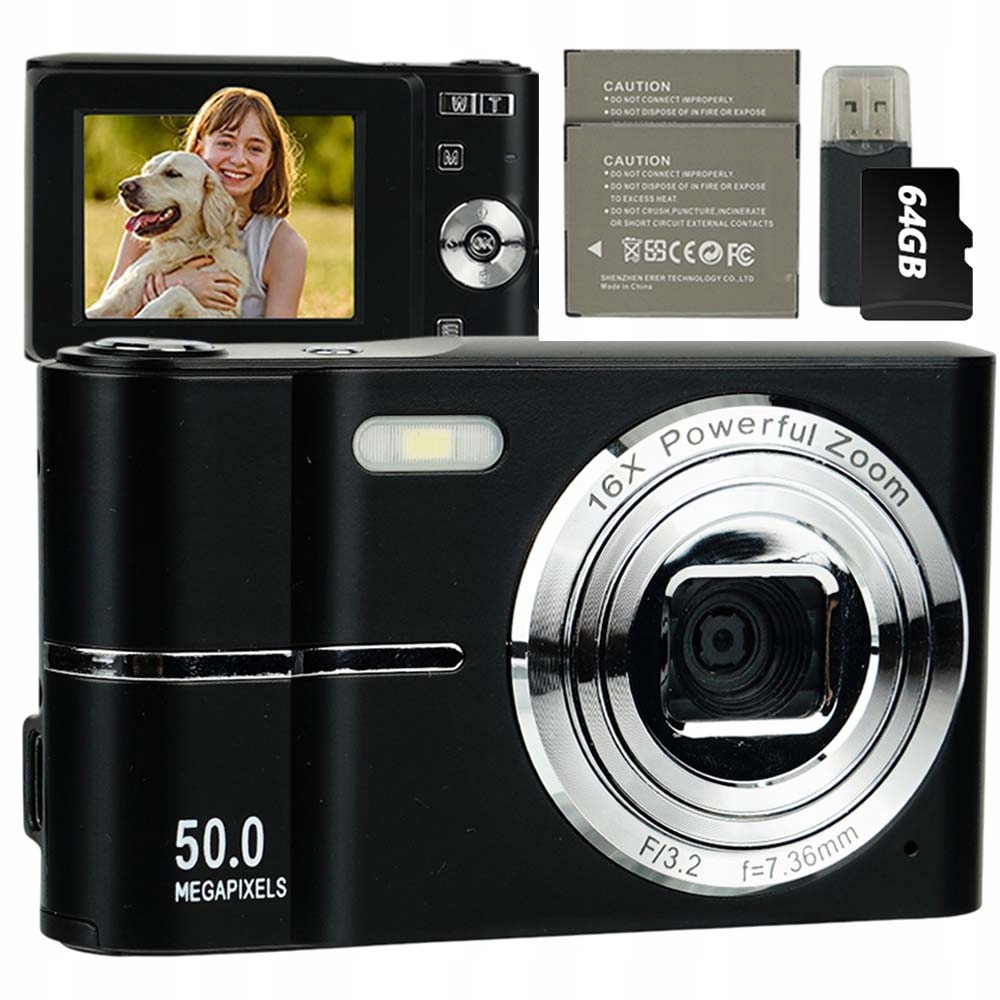 Aparat Cyfrowy 50MP Z Zoomem 16X Antydrgania Rozpoznawanie Twarzy Czarny