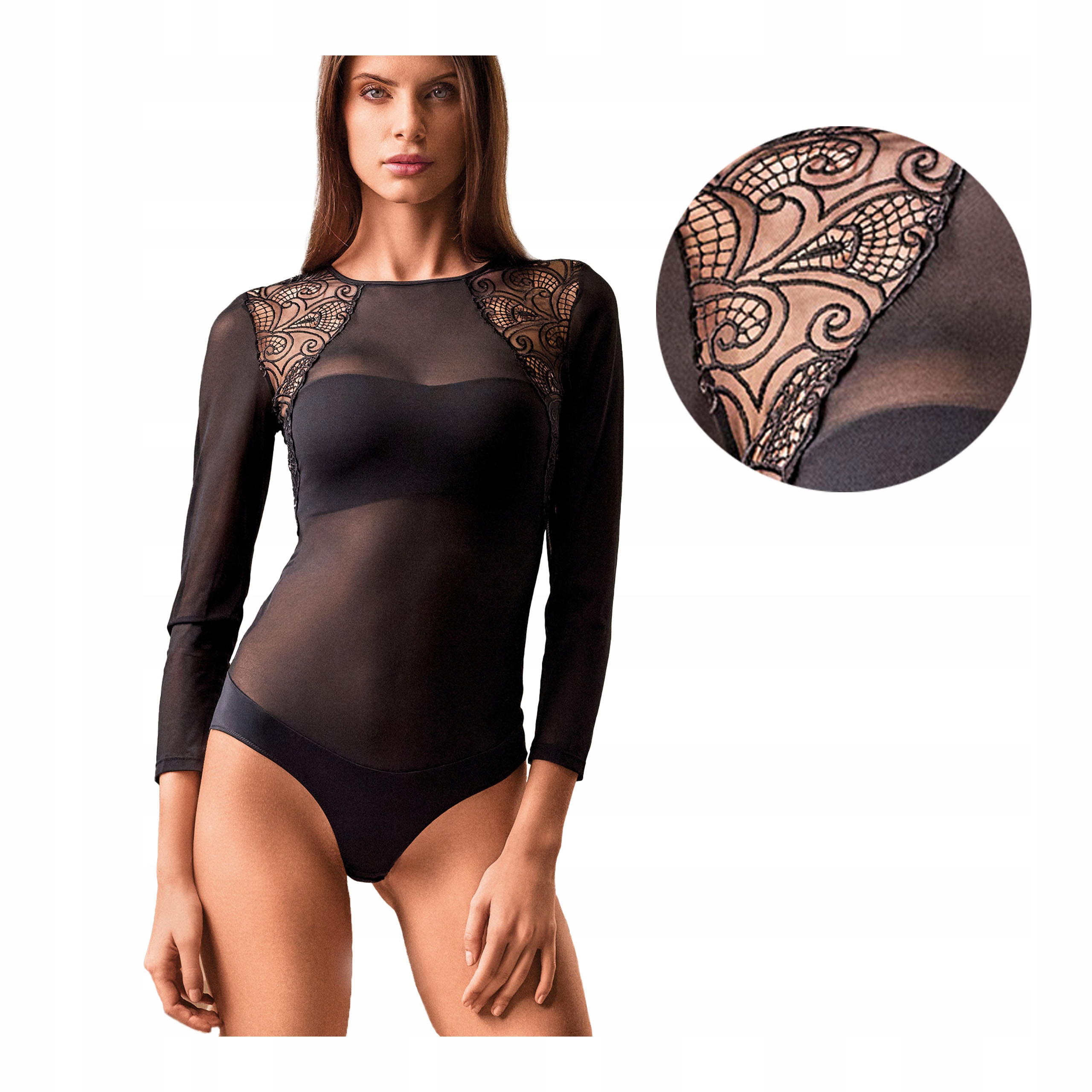 Dámské černé body s dlouhým rukávem a krajkou, smyslné mikrovlákno Lormar 75B