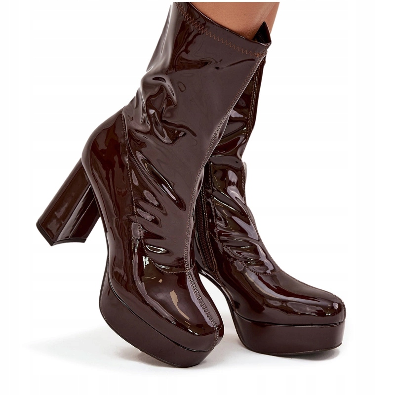 Dámské Kotníkové Boty Lakované Eko Kůže Podpatek Sloupek Platforma Čokoládová 38
