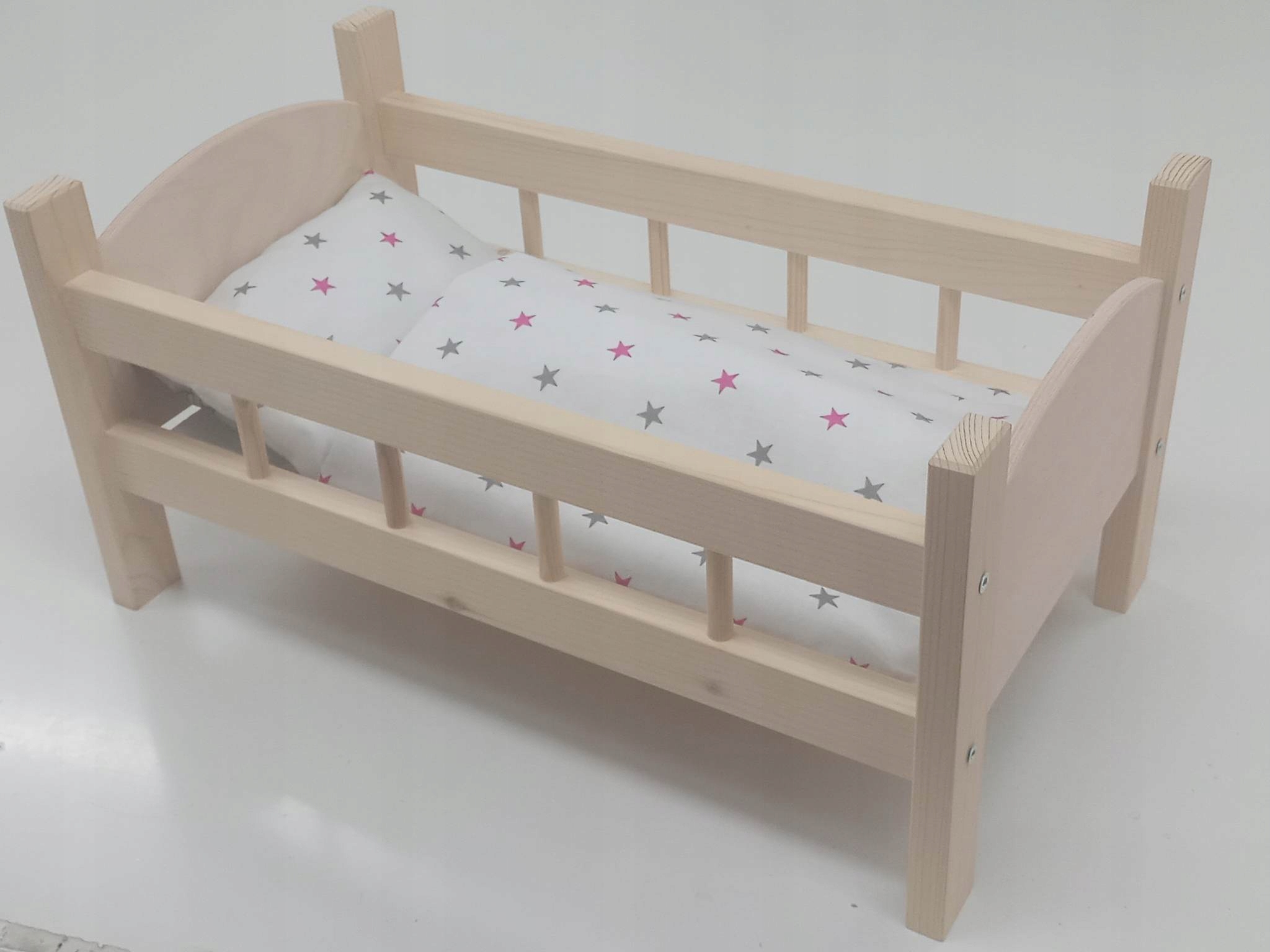 ŁÓŻECZKO DREWNIANE DUŻE dla lalek POŚCIEL 3 EL.