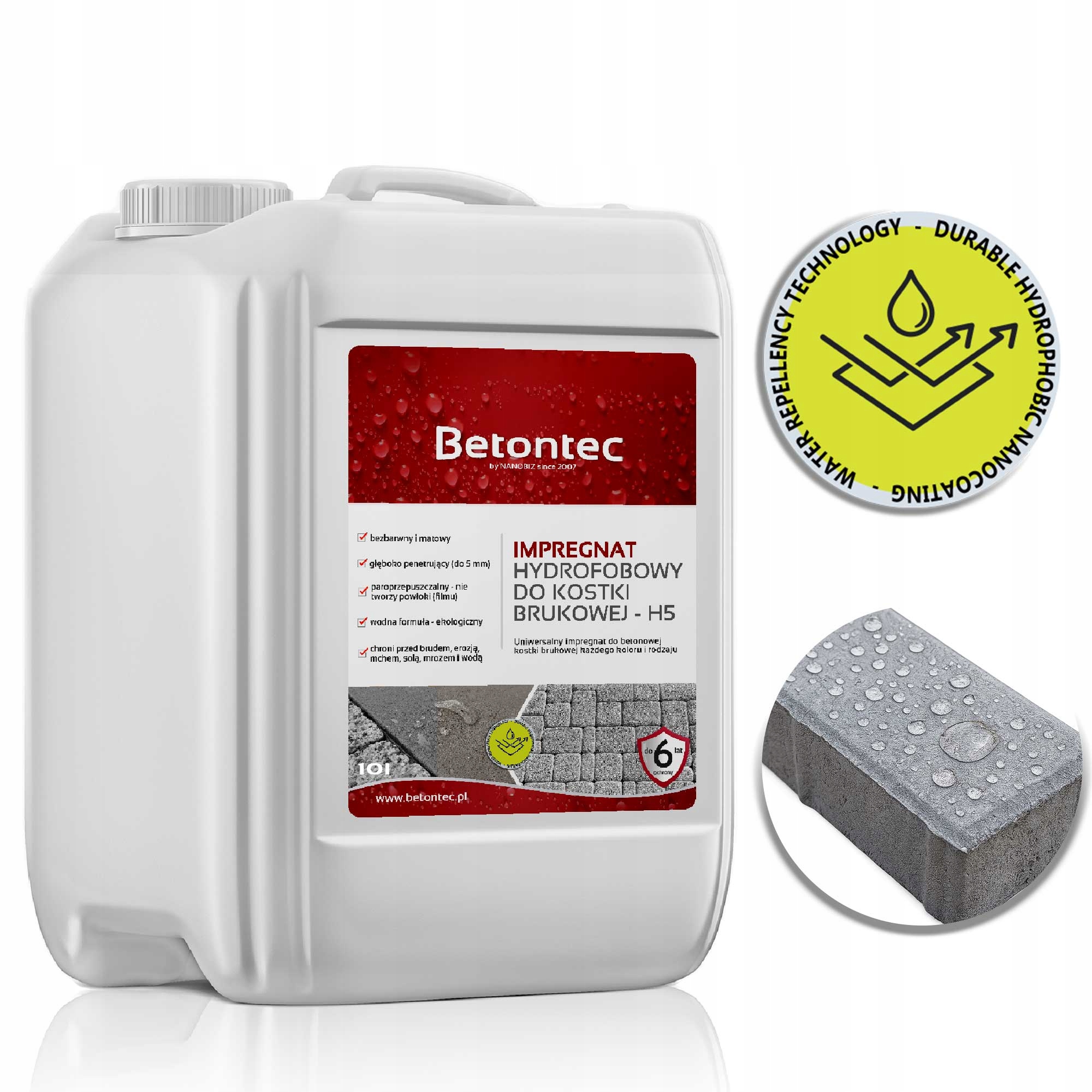 Bezbarvý impregnát na dlažební kostky Betontec H5 10l 70 m2 ochrana 6 let