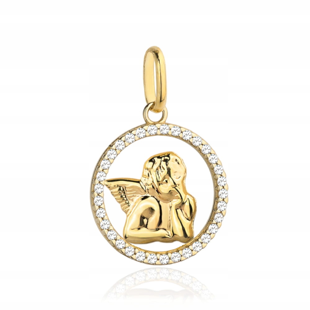 Medailon ze zlata 585 andílek kruh se zirkony 0.95 g elegantní svaté přijímání 14k