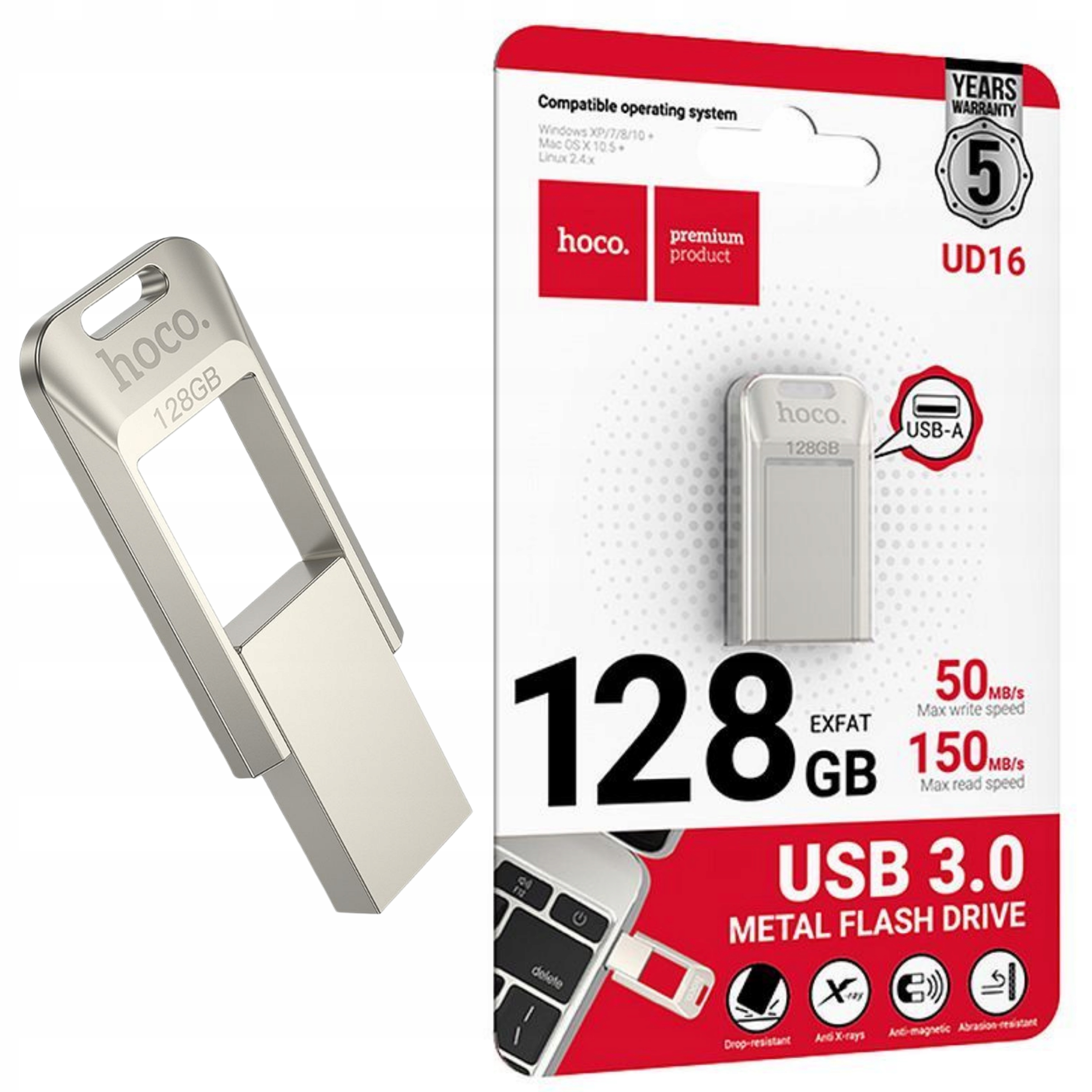 Pendrive Hoco UD16 128 GB USB 3.0, USB 3.1 typ C srebrny