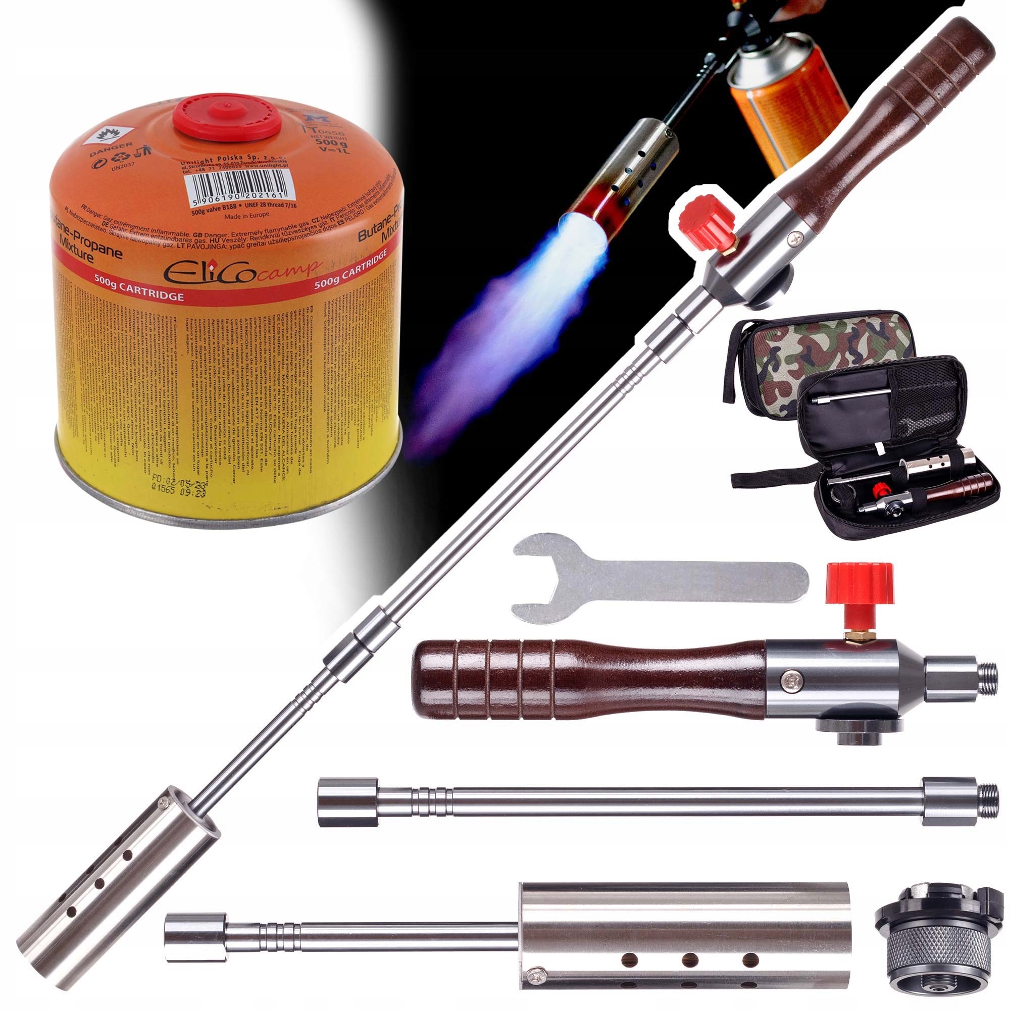 Plynový Hořák Na Opalování 7/16 Velká Kartuše Elico 500 G, Dřevěná Rukojeť, Skládací