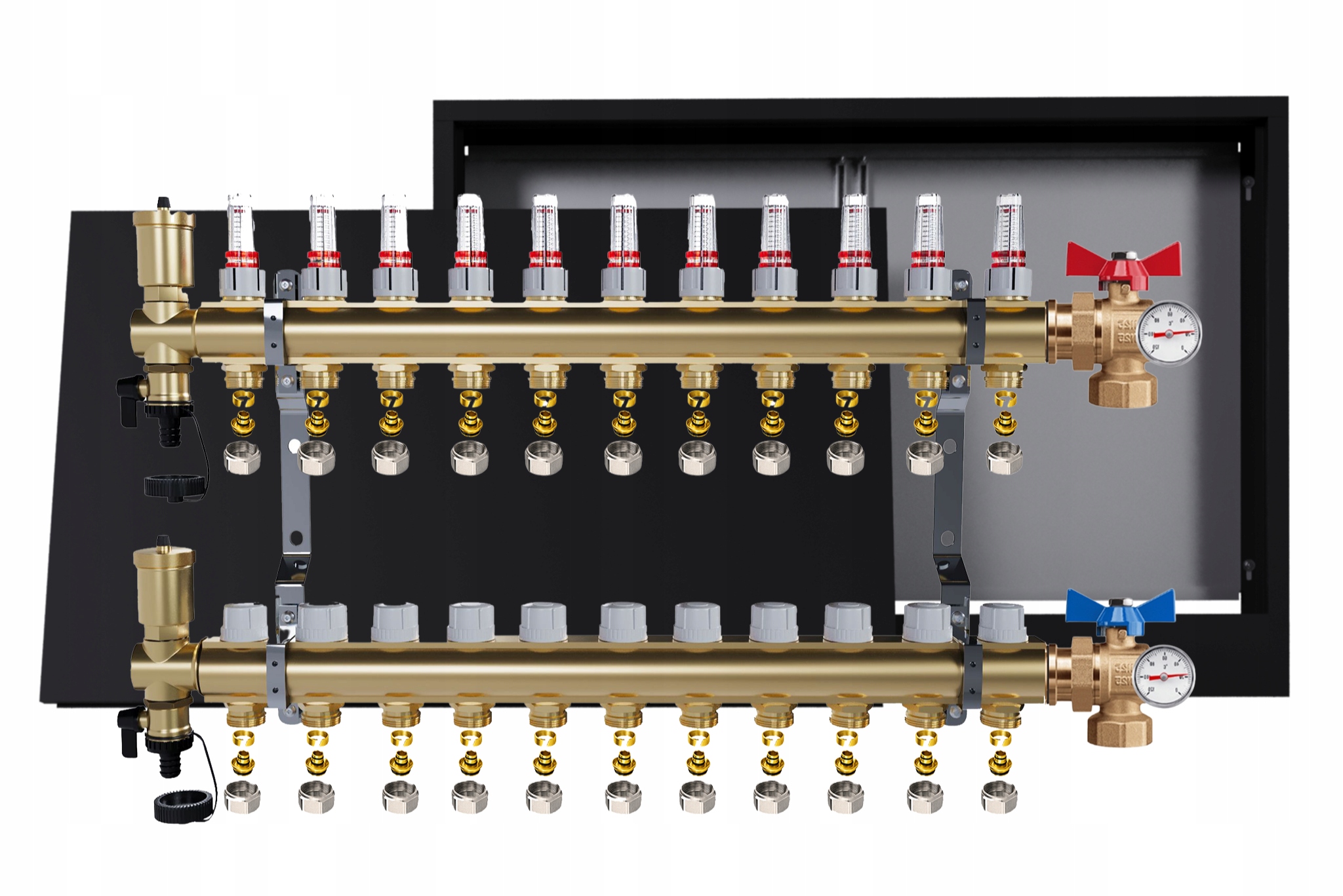 Rozdělovač Pro Podlahu 11 Okruhů Ventily Teploměr Skříňka Pex