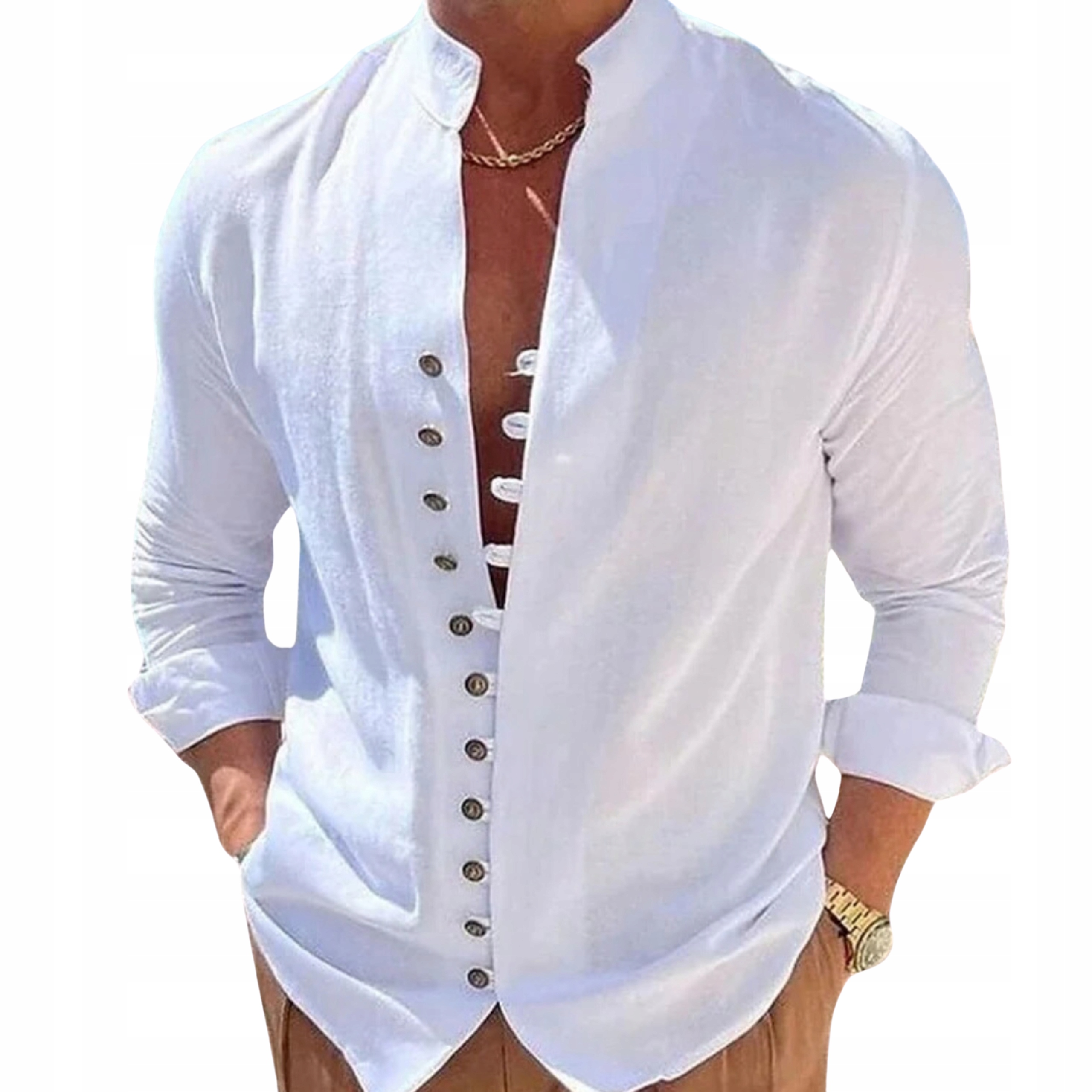 Bawełniana biała męska koszula z ozdobnymi guzikami i stójką