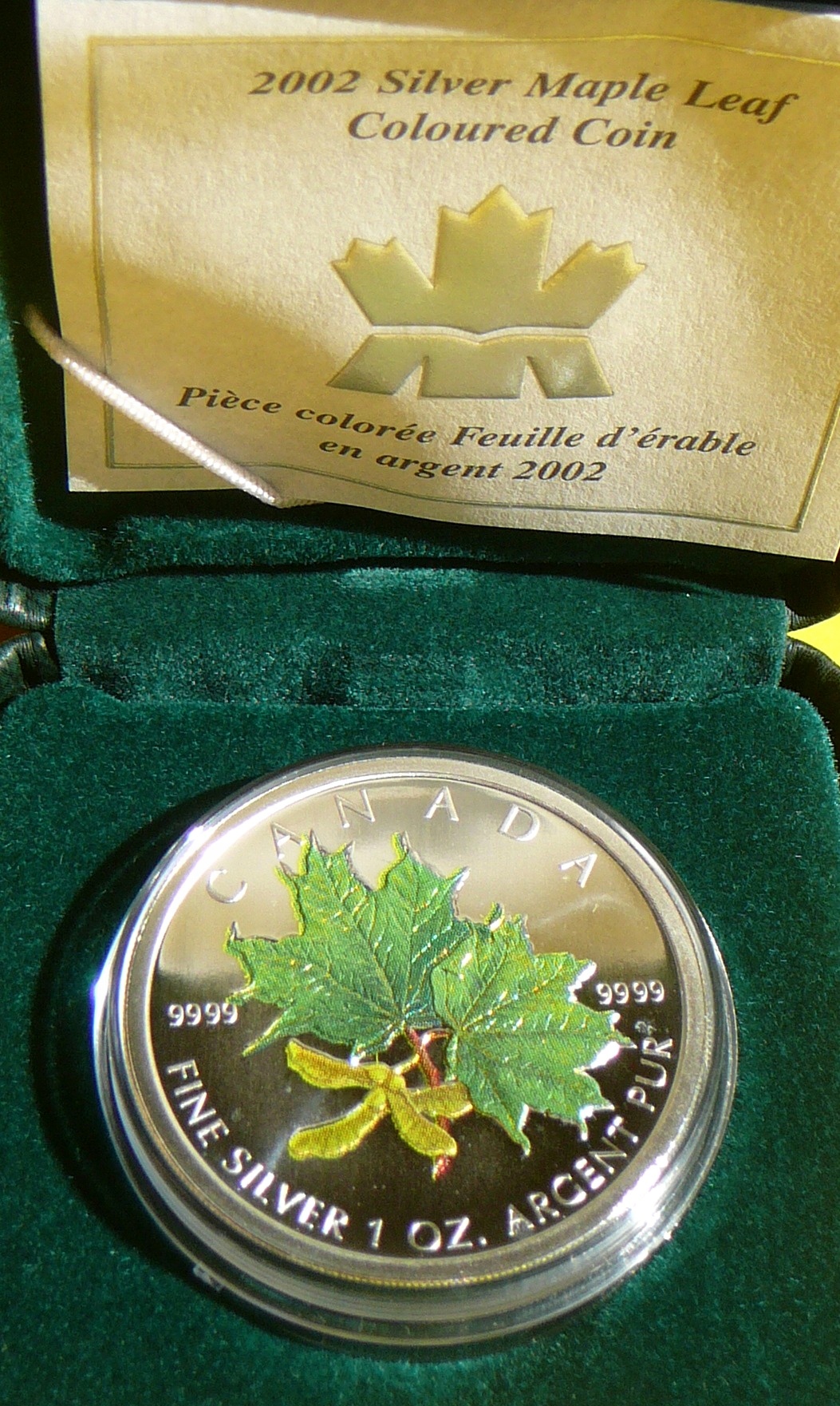 5 DOLLARS KANADA 2002 LIŚĆ KLONU MAPLE LEAF KOLOR Ag 999 Oz +CER