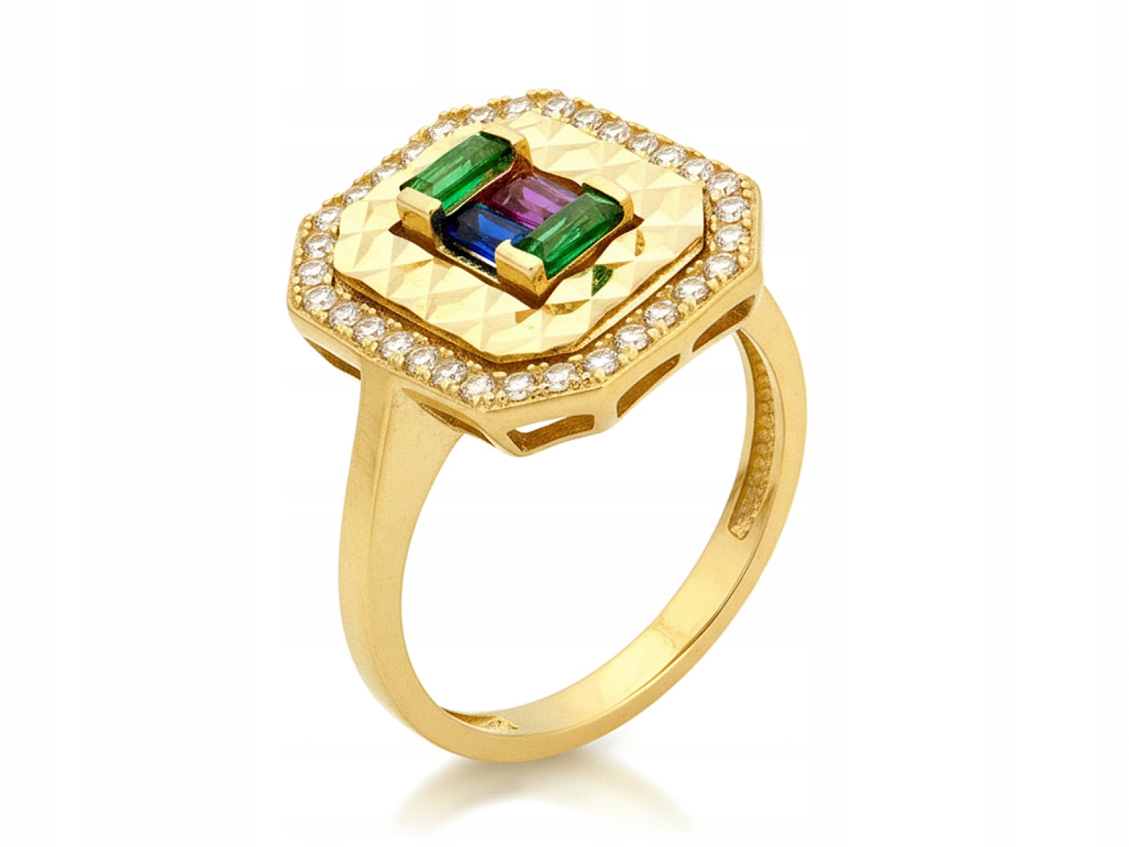 Zlatý prstýnek 585 obdélníkový s barevnými zirkony r9 dárek 2,5 g