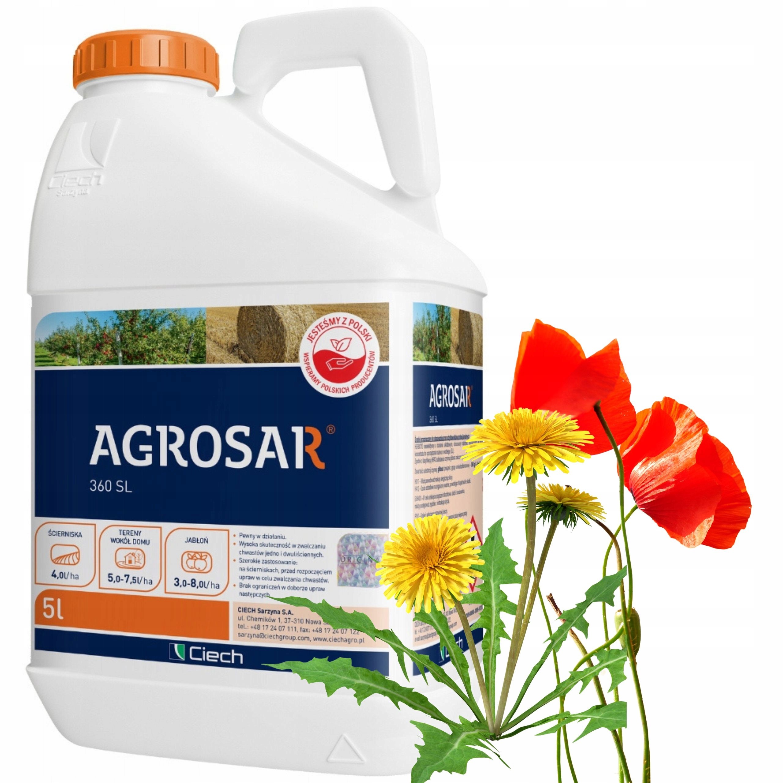 Agrosar 360 Sl 5L glifosat 360g/l, niszczy wszystkie chwasty, perz, totalny