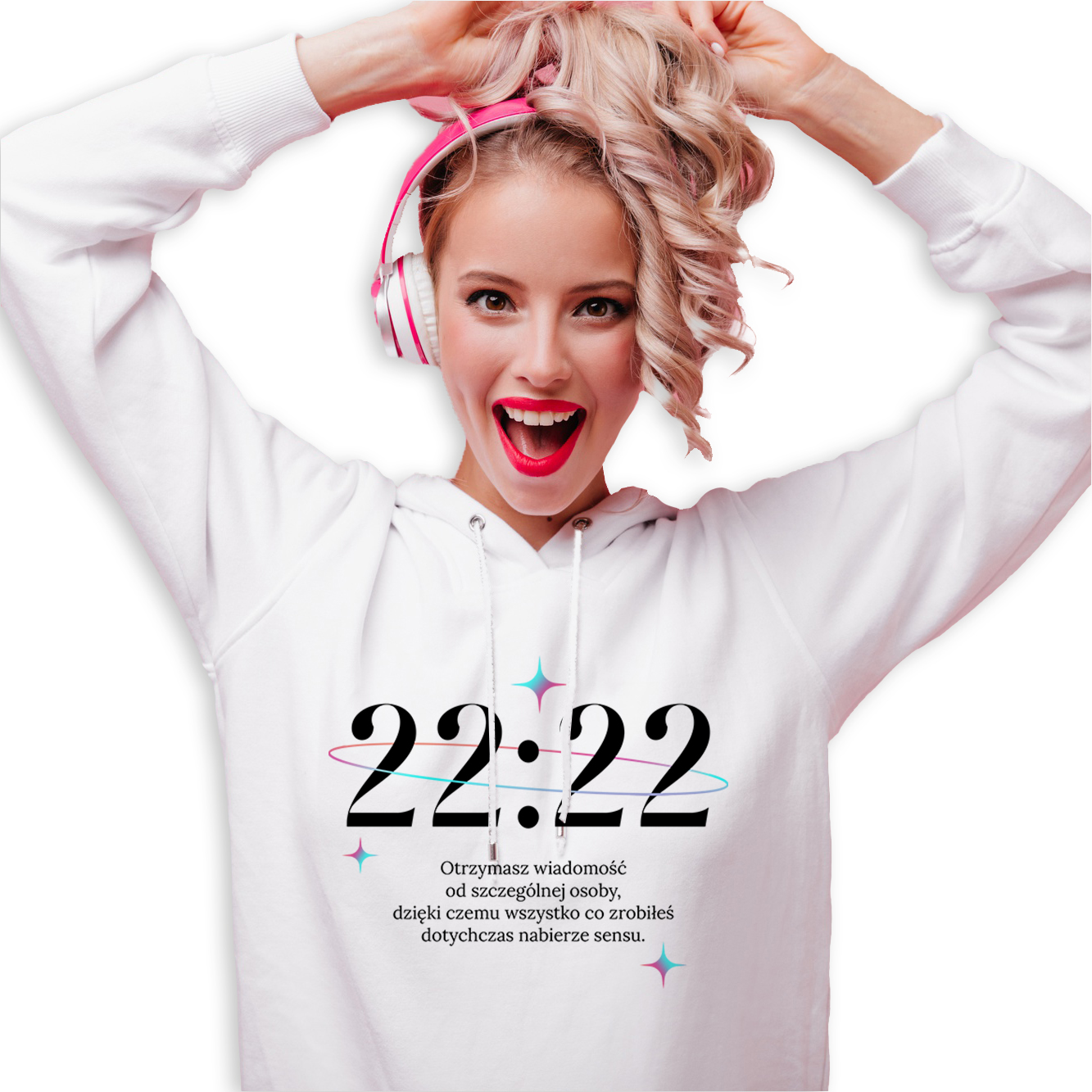 Mikina S Kapucí Bílá Ezoterika Universe Zrcadlové hodiny 22:22 Vel M