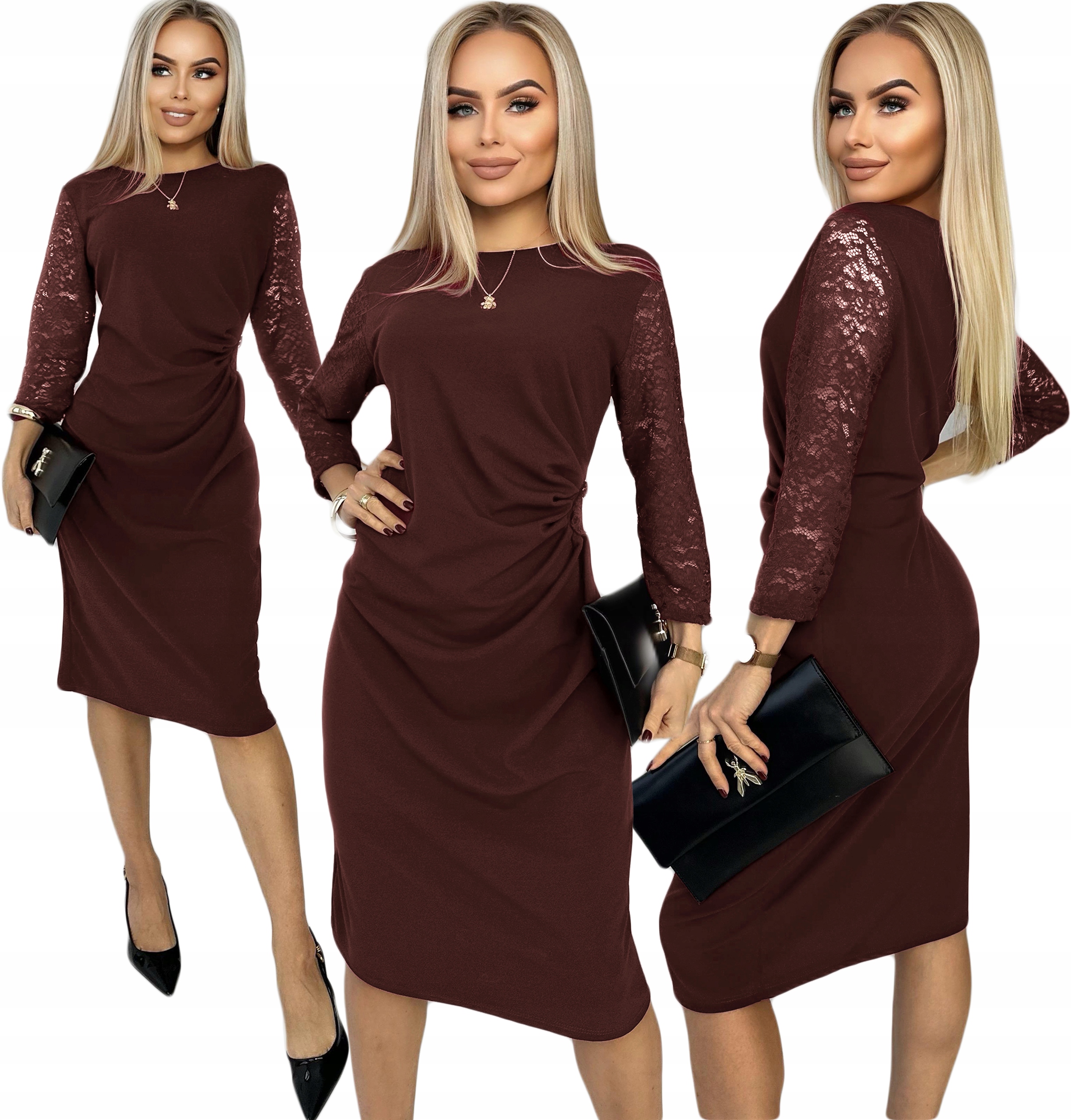 Čokoládová elegantní tužková Šaty Dámský krajkový rukáv 46 Aniela