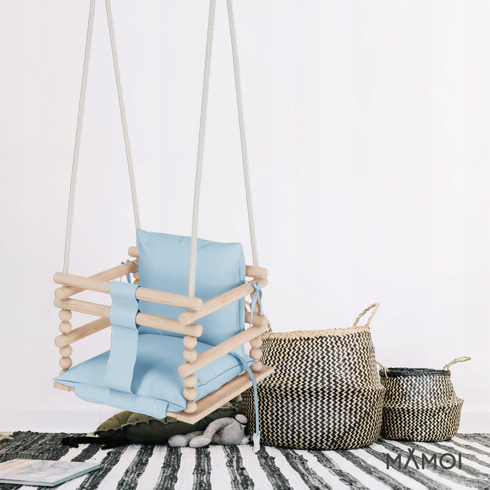 MAMOI Huśtawka dla dzieci DREWNIANA 3 w 1 PASY Wiek dziecka 6 m +