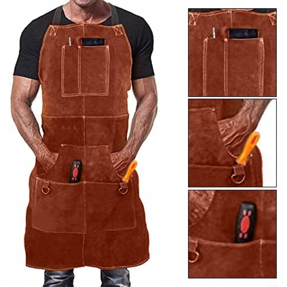 Zástěra Z Kravského Semiše, Hnědá, 6 Kapes Pro Grilování Bbq