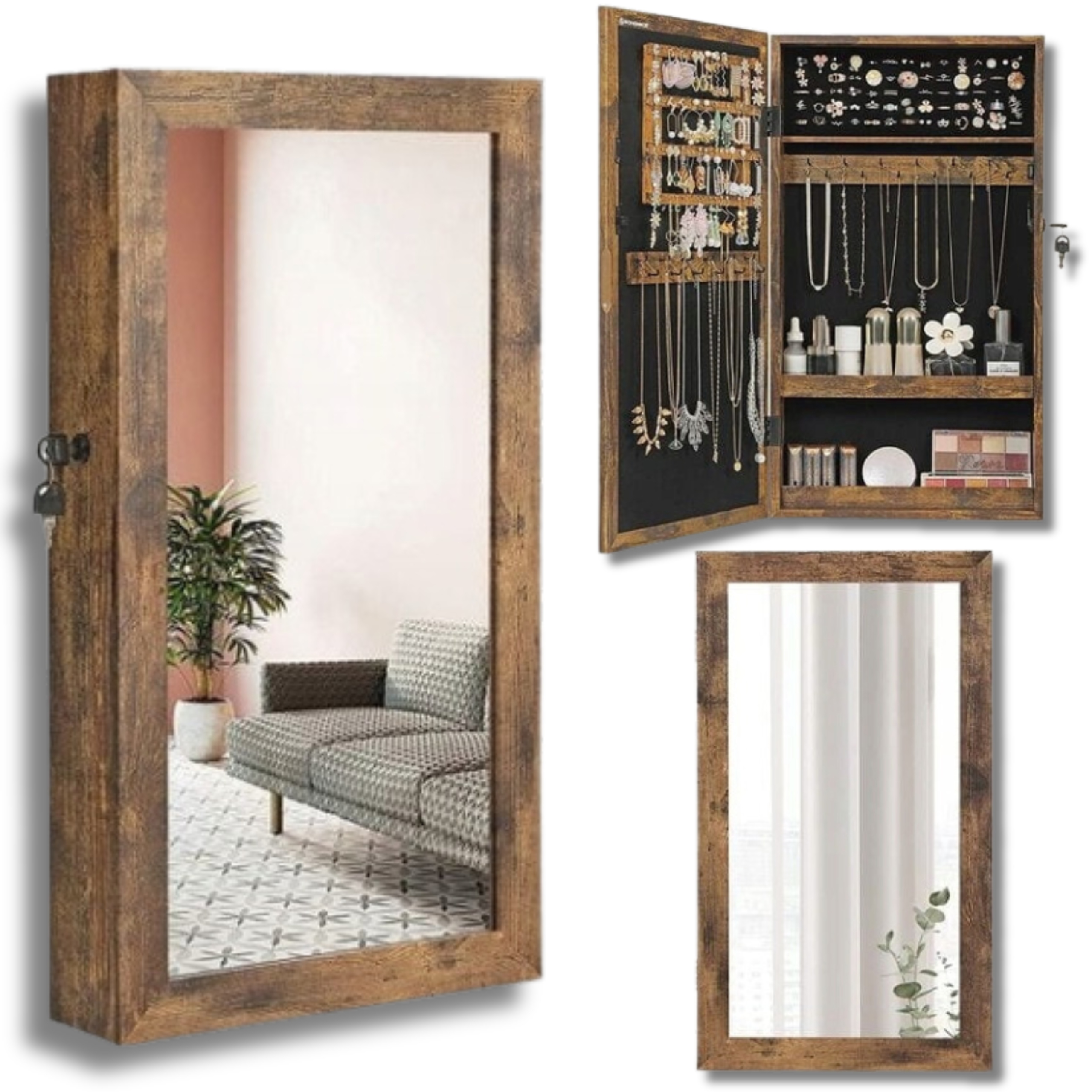 LUSTRO SZAFKA WISZĄCA NA BIŻUTERIĘ TOALETKA RUSTYKALNA LOFTOWA BRĄZOWA STYL