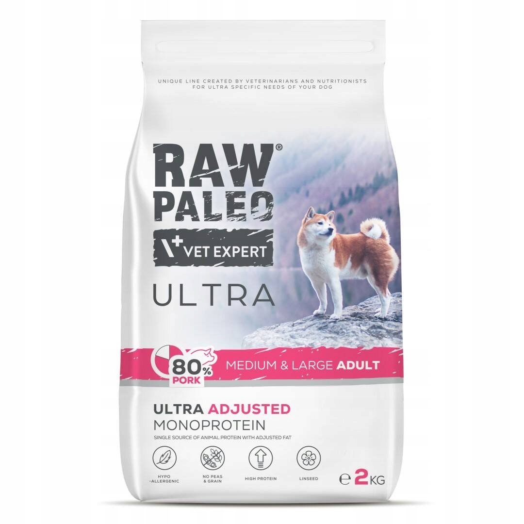 Levně Raw Paleo Ultra Medium&Large Adult 2kg Suché Krmivo s vepřovým masem pro psy
