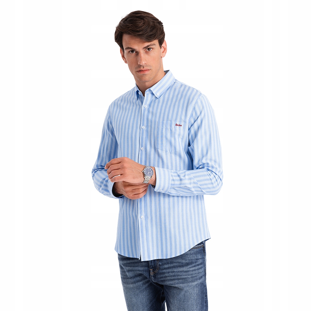 Męska koszula Regular Fit w białe paski błękitna V2 OM-SHOS-0171 L