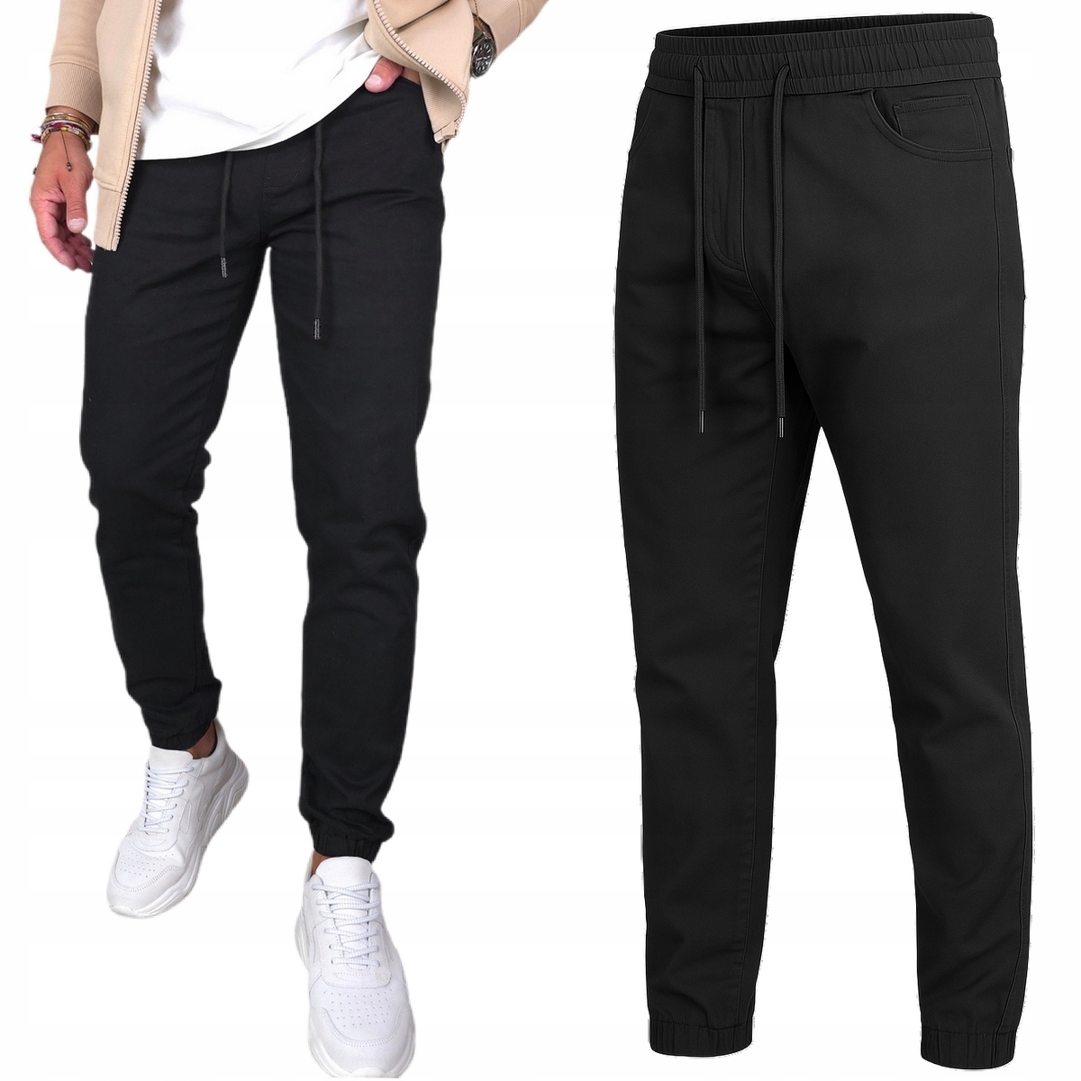 Spodnie Męskie długie Joggery materiałowe Modne rozciągliwe Pas Z Gumką, L