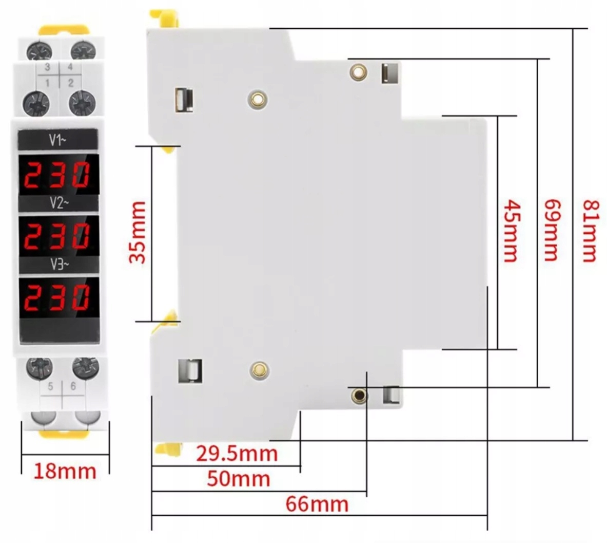 Cyfrowy woltomierz 3-fazowy DIN Regmag BV-3R 80–500 V AC – Najważniejsze dane techniczne