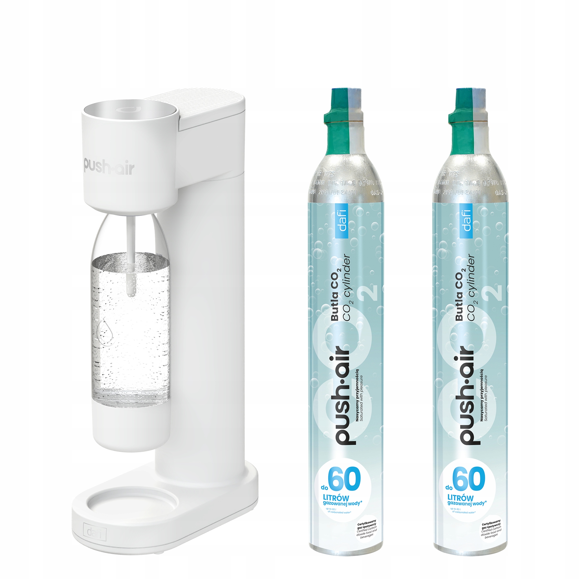 PushAir výrobník sody Dafi Bílý/Stříbrný 2x CO2 bombička láhev 0,7