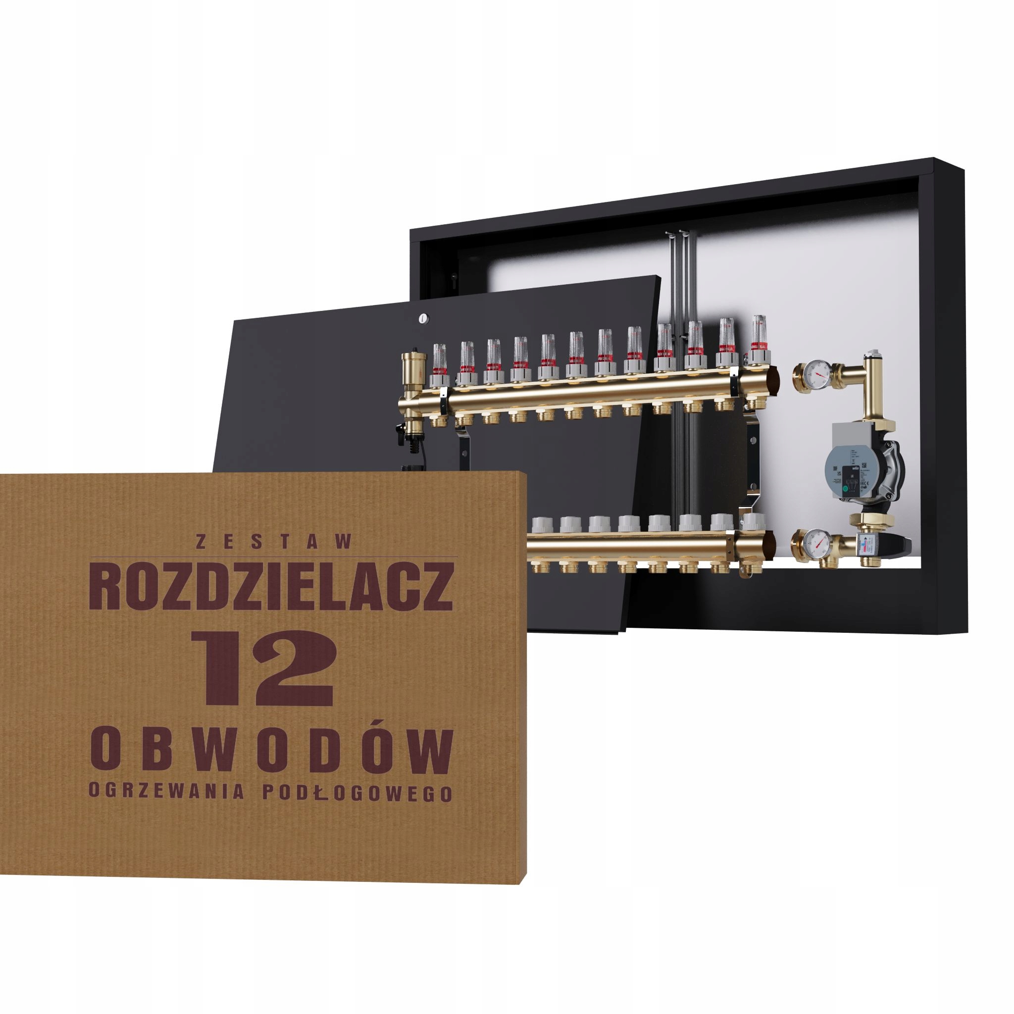 Rozdělovač pro podlahu 12 okruhů s čerpací skupinou Wilo nástěnný, černý