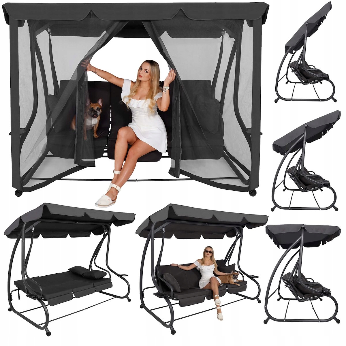 OGRODOWA HUŚTAWKA BUJANA ŁAWKA 3 OSOBOWA ROZKŁADANA 2w1 + DASZEK MOSKITIERA Producent Springos