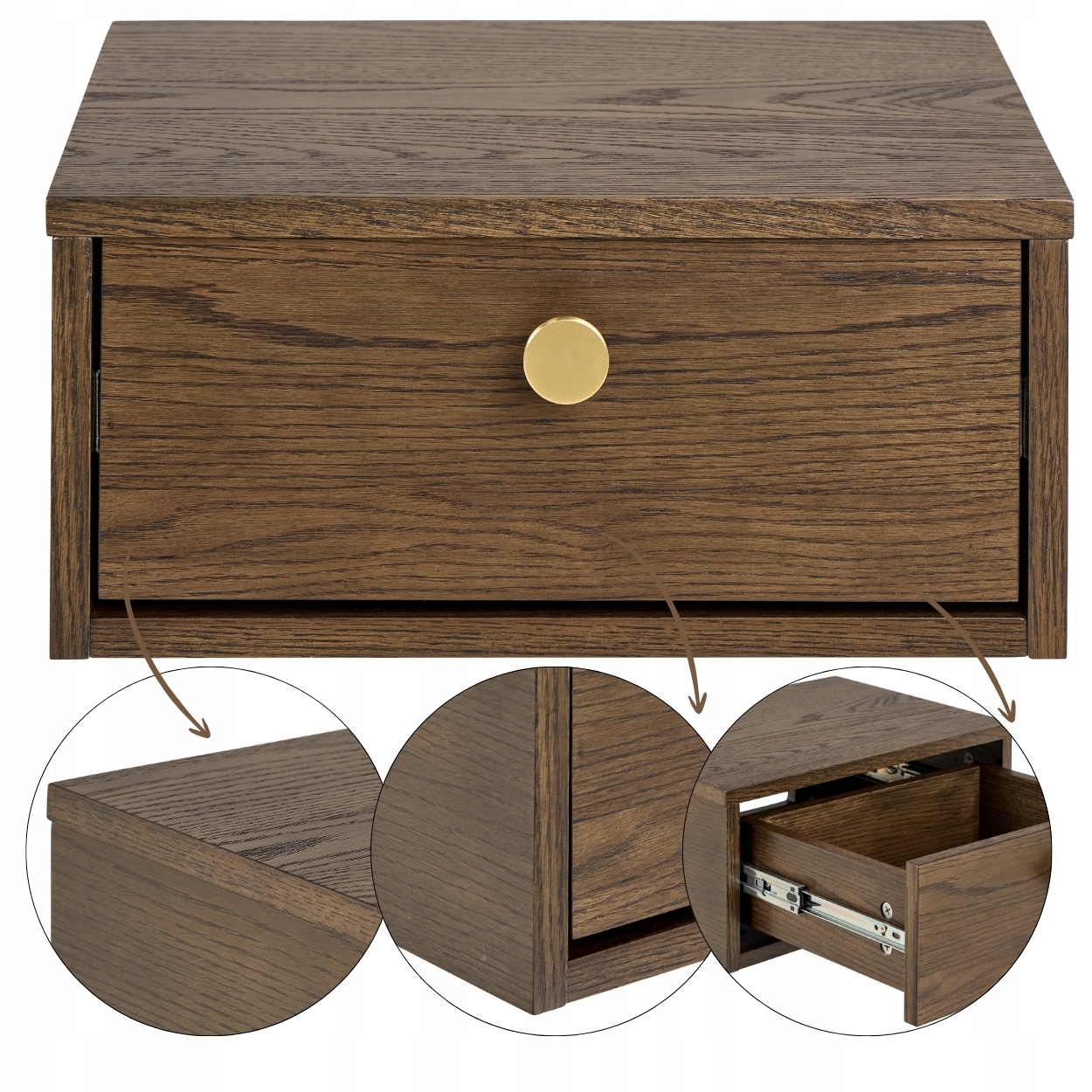 Nočná Skrinka Závesná Na Stenu So Zásuvkou, hnedý nočný stolík do spálne