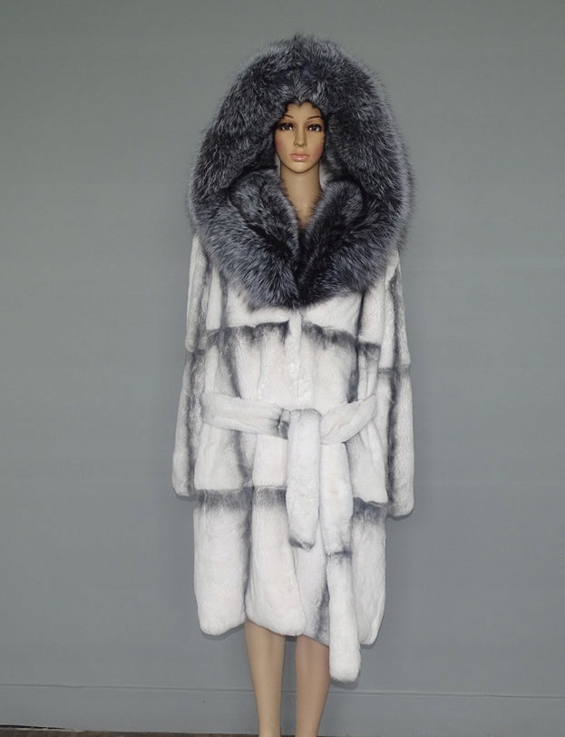 Płaszcz Futro naturalne Królik Srebrny Lis 36 S Kaptur z kapturem
