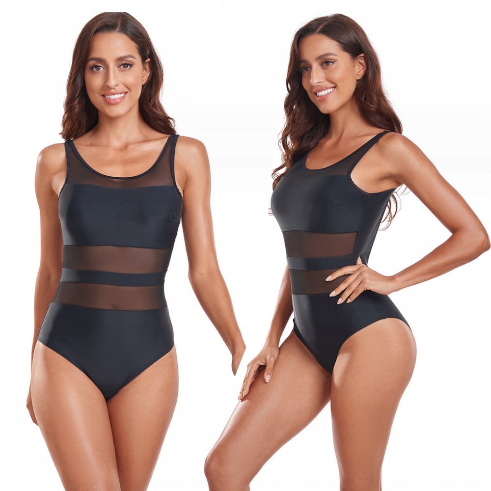 JEDNOCZĘŚCIOWY STRÓJ KĄPIELOWY KOSTIUM PLAŻOWY MONOKINI CZARNY SIATECZKA L Fason majtek figi