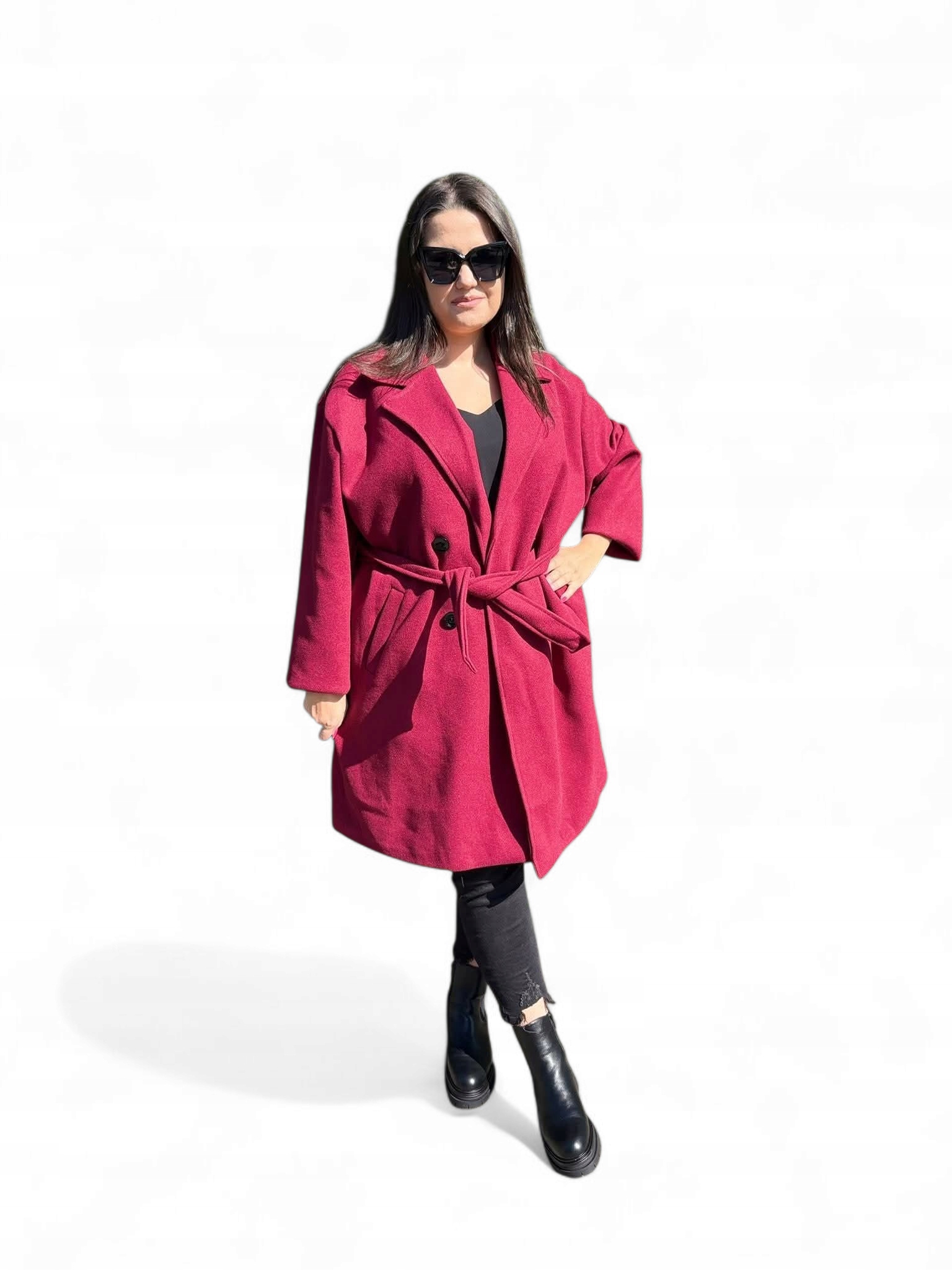 Dámský kabát s páskem bordó plus size. Velikost 50, 52