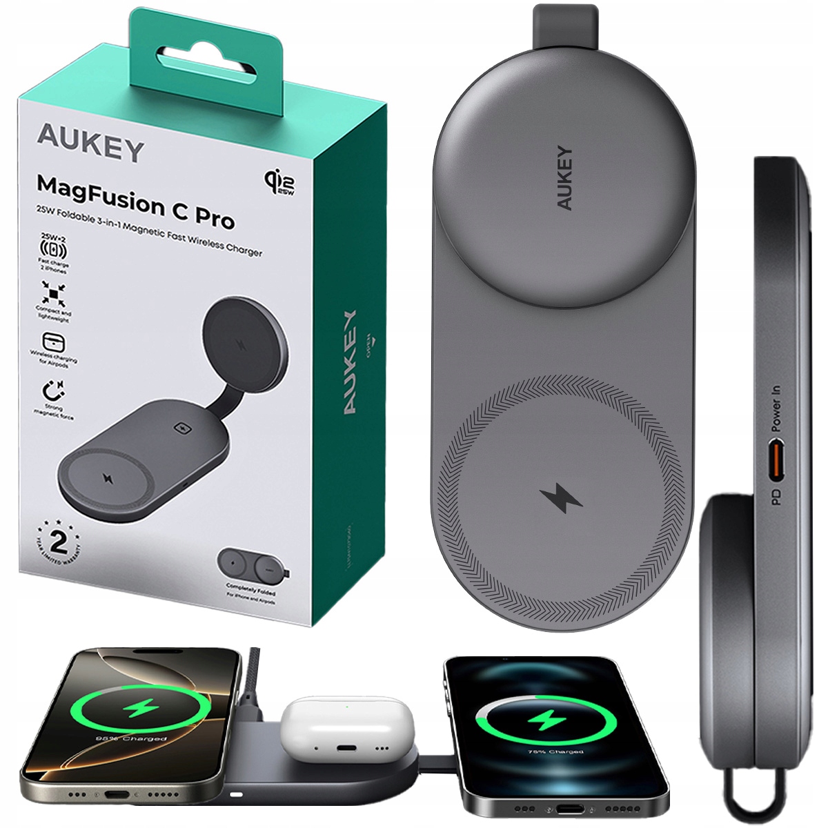 Aukey Ładowarka bezprzewodowa magnetyczna do iPhone 25W Airpods 5W Qi2.2