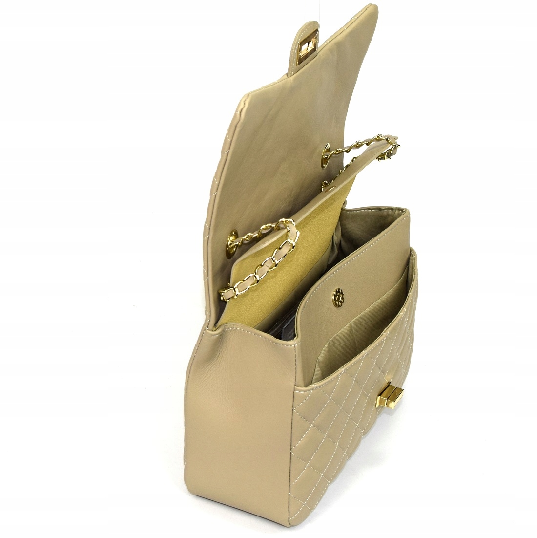 TOREBKA SKÓRA NAT. PIKOWANA FLAP KREMOWA XL 480H Kolor okuć złoty