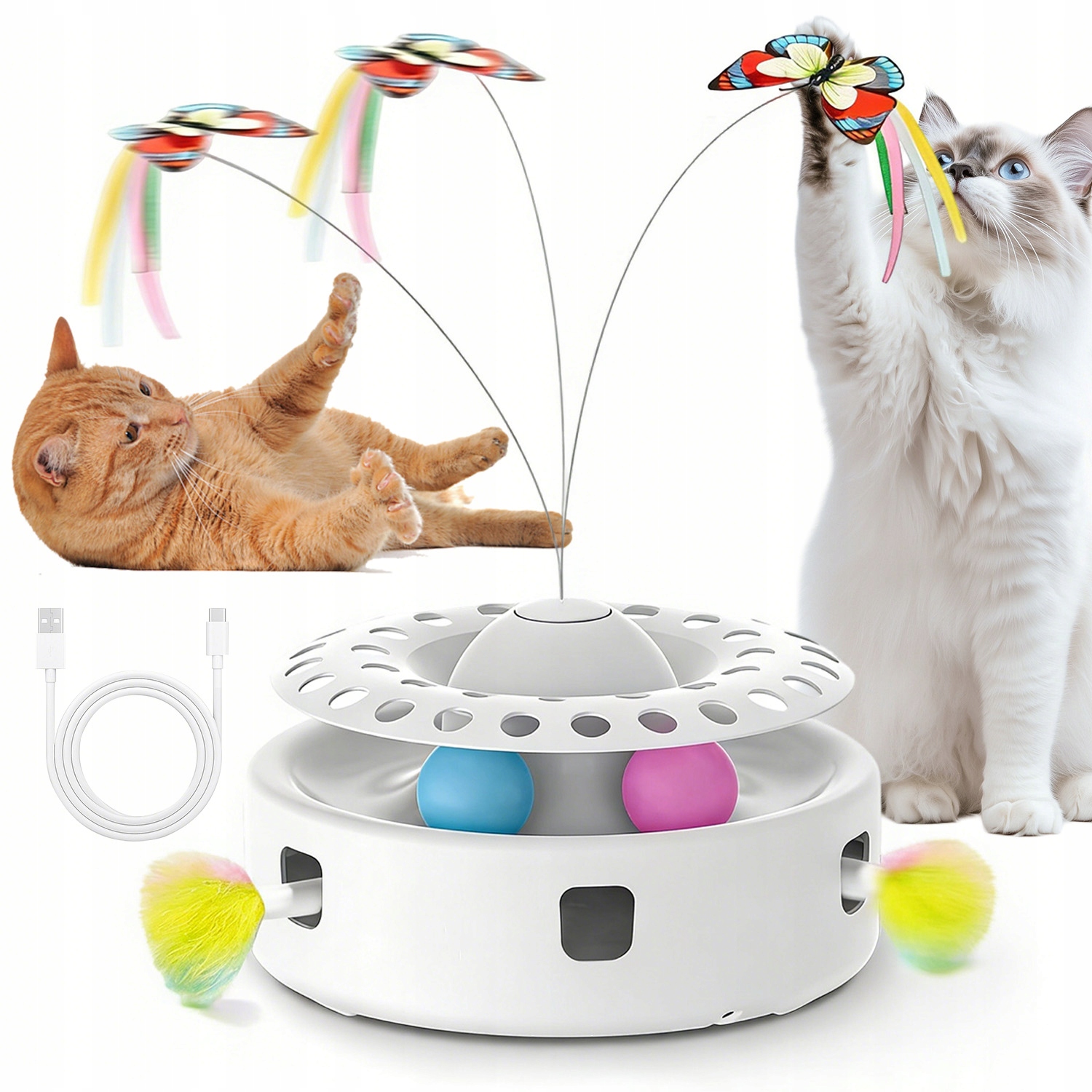 Interaktivní Věž 3V1 Pro Kočky S Míčky Hračka Motýl Na Pružině