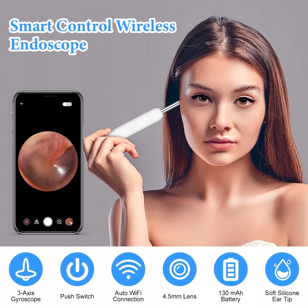 ACWOO Kamera Do Czyszczenia Uszu IP67 Wodoodporna Z WiFi i 6 LED — miniatura 2