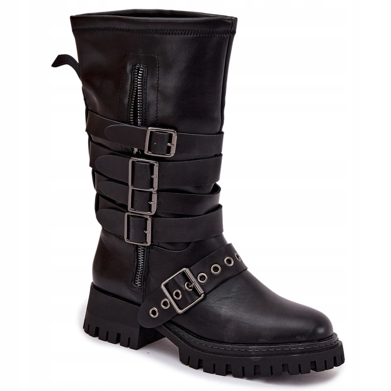 Dámské Kozačky Z Eko Kůže, Pásky S Přezkami, Zateplené, Nazouvací, Černé 37