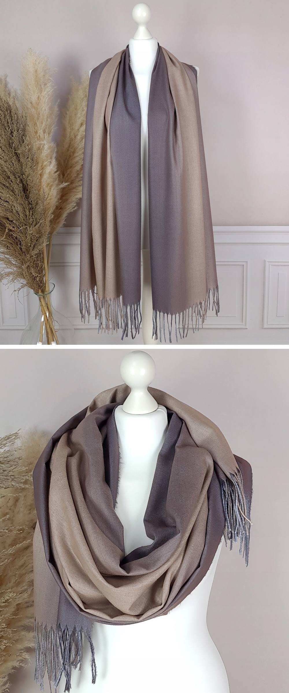 DŁUGI SZAL CIENIOWANY z FRĘDZLAMI chusta - KOLORY Wzór dominujący ombre