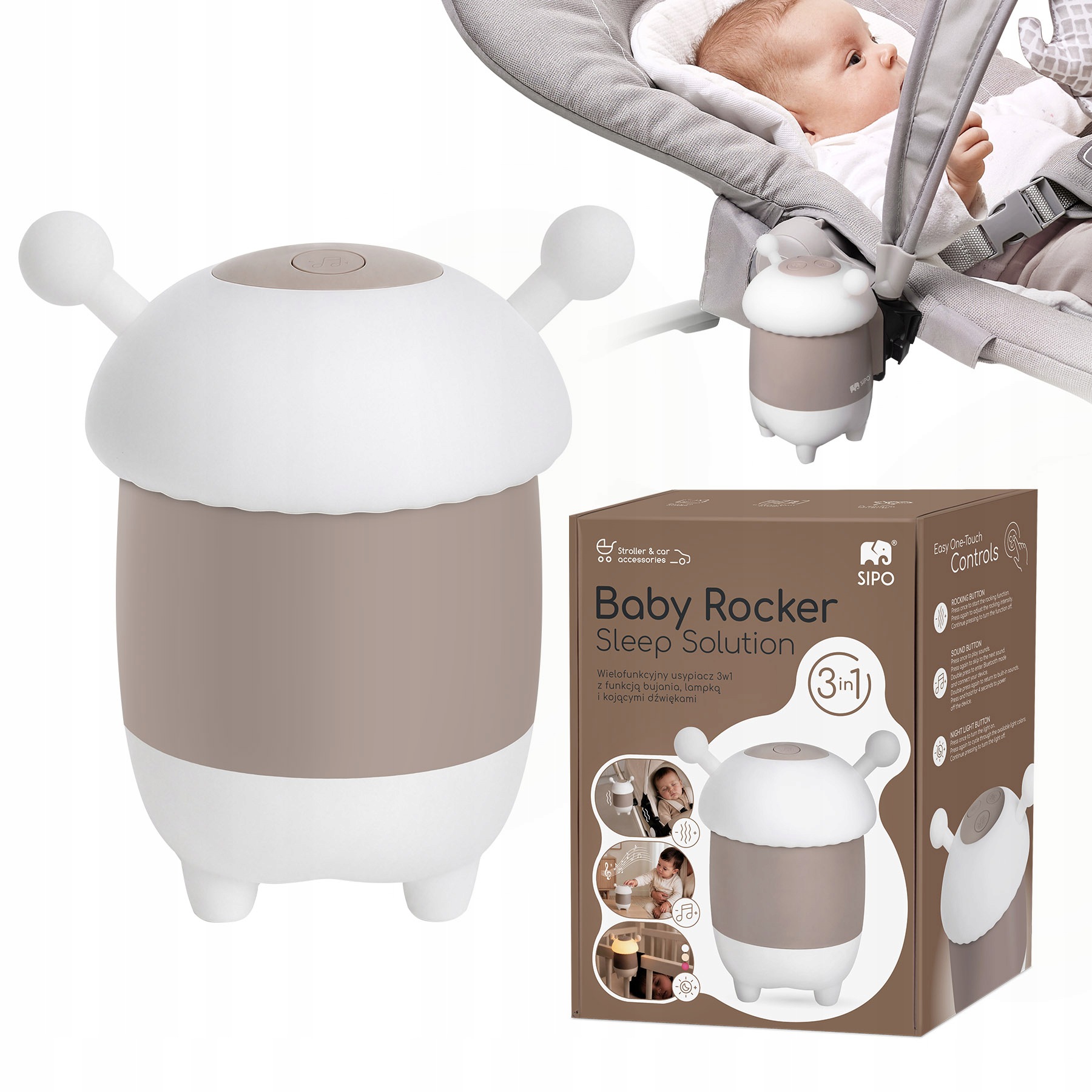 Bujak Przenośny Kołyska Do Wózka Usypiacz 3W1 Lampka Led Baby Rocker Sipo