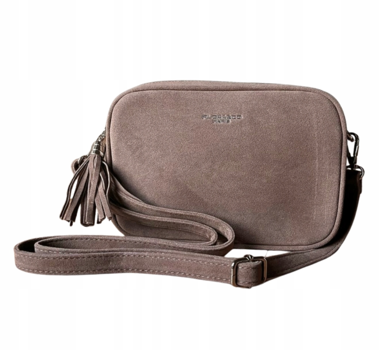 Flora&Co taupe zamszowa torebka listonoszka cappuccino zamsz frędzle Flora