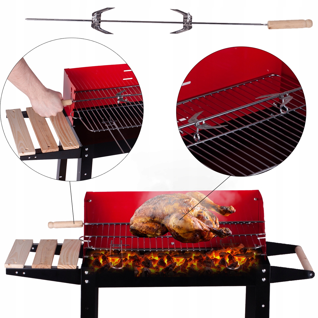 GRILL WĘGLOWY OGRODOWY CHROMOWANY RUSZT ROŻEN PRZENOŚNY REGULOWANY 2 PÓŁKI Wysokość grilla 80 cm