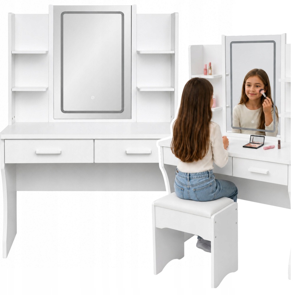 Toaletka Kosmetyczna Z Lustrem Led Półki Szuflady Biała 140x80x40cm