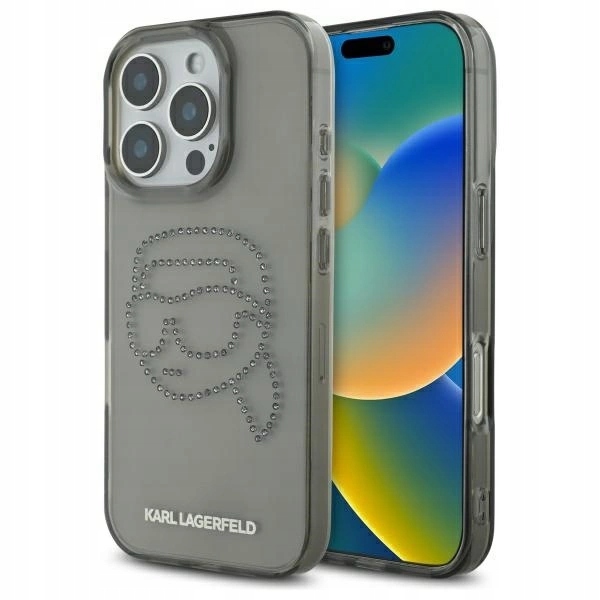 Pouzdro Karl Lagerfeld IML Rhinestones s motivem hlavy Karla pro iPhone 16 Pro Max 6,9" c