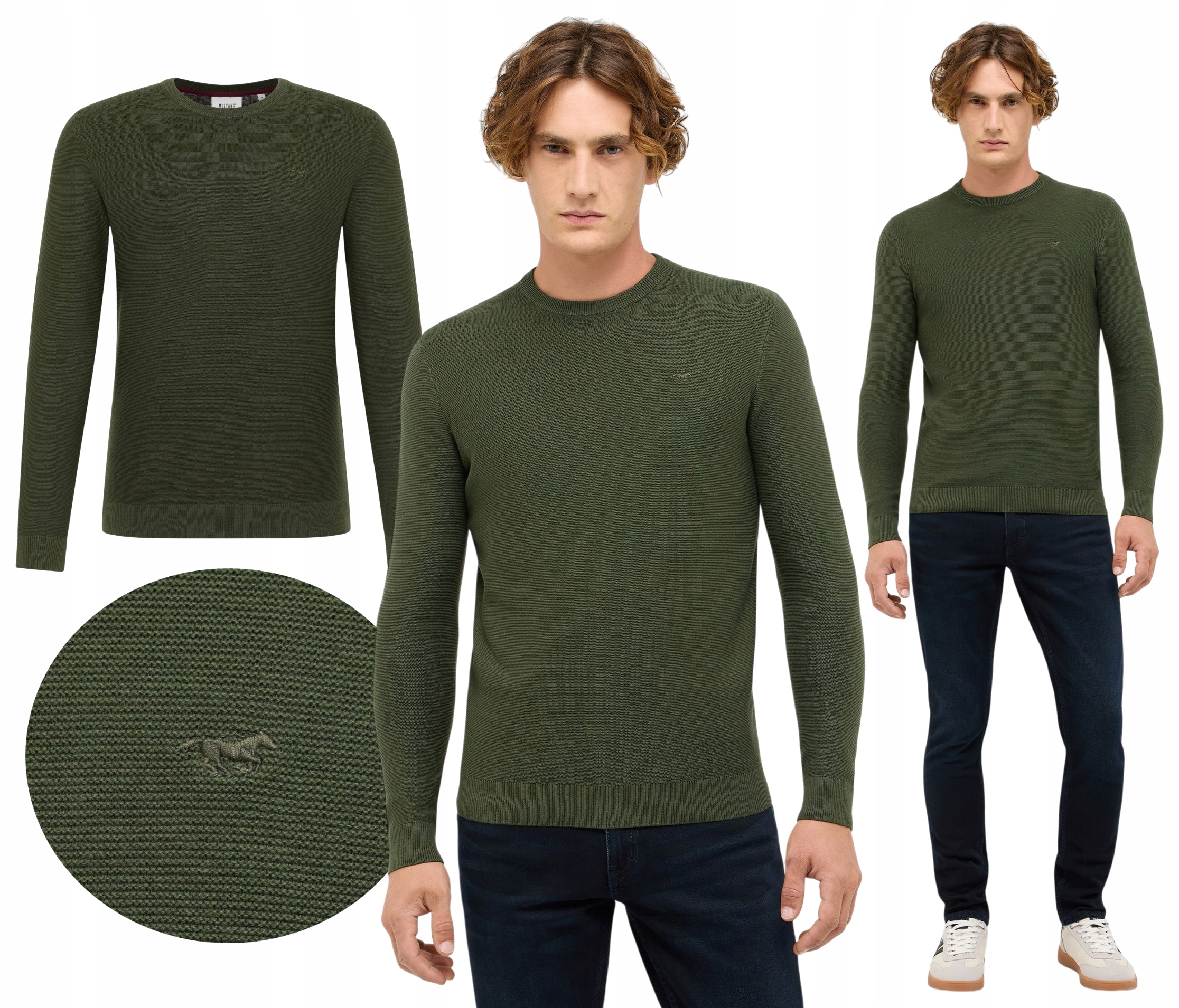 Pánský svetr Mustang Elliot zelený bavlna regular fit kulatý výstřih 3XL