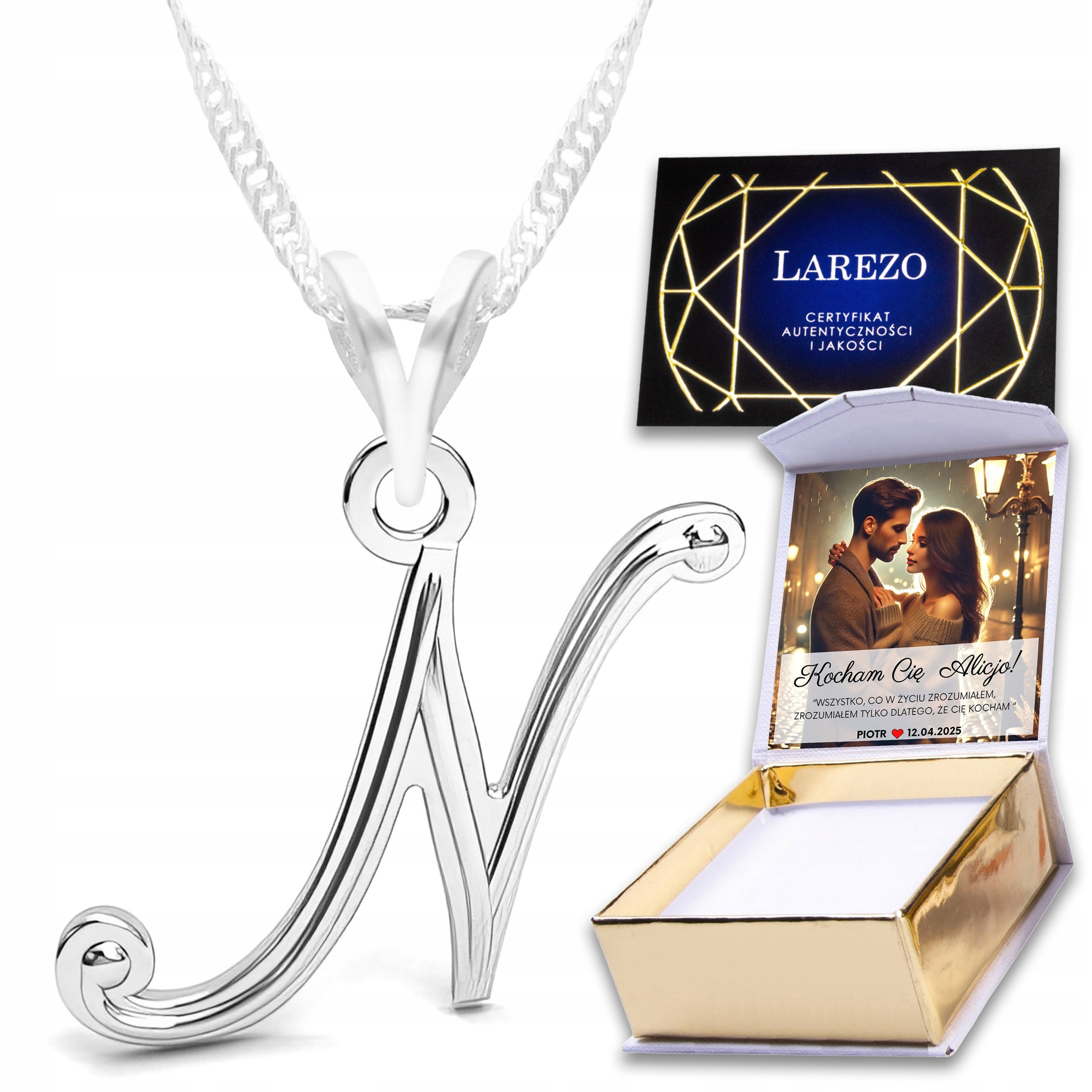 Stříbrný Náhrdelník Písmeno N Iniciál Jméno Přítel Přívěsek 925 S Potiskem